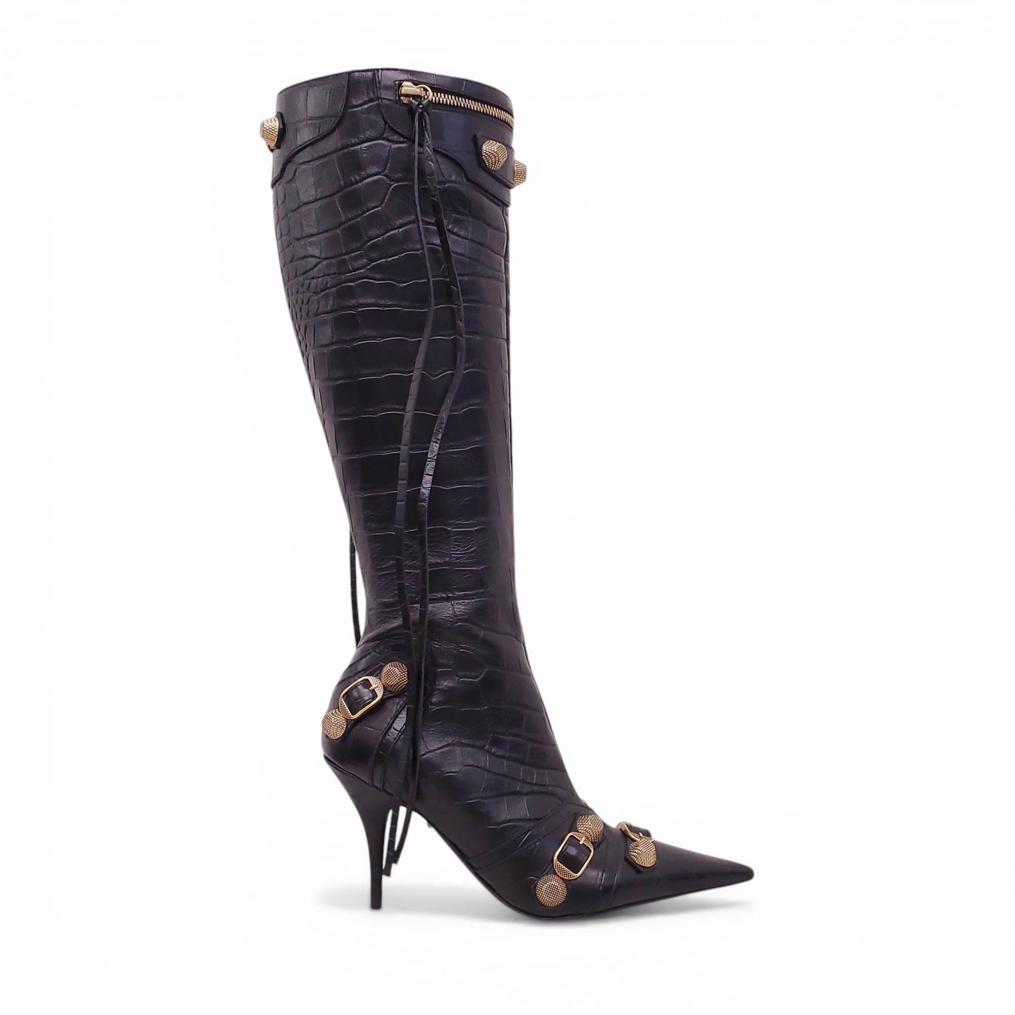 BALENCIAGA BLACK AND GOLD CROC EFFECT CAGOLE BOOTS - SIZE 36