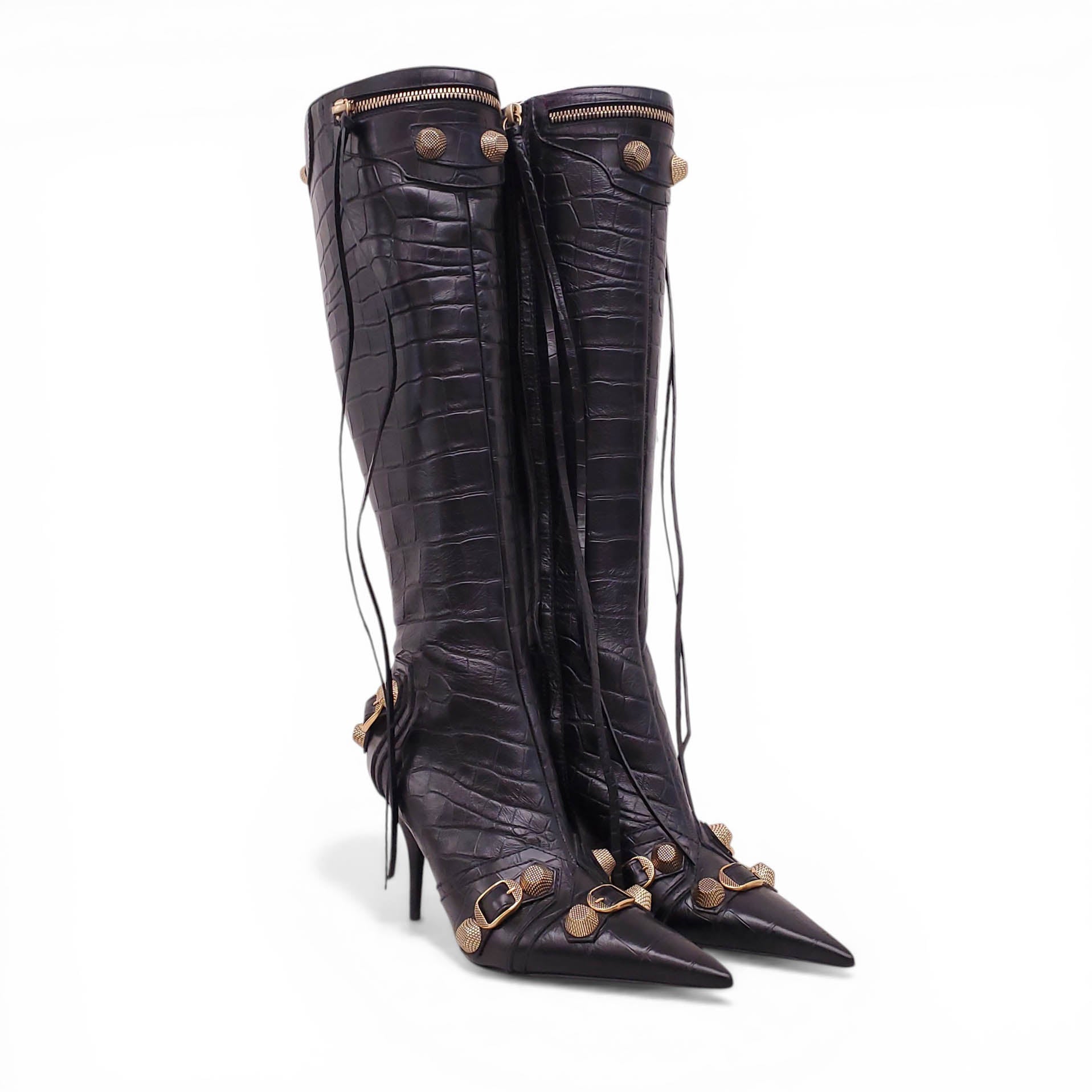 BALENCIAGA BLACK AND GOLD CROC EFFECT CAGOLE BOOTS - SIZE 36