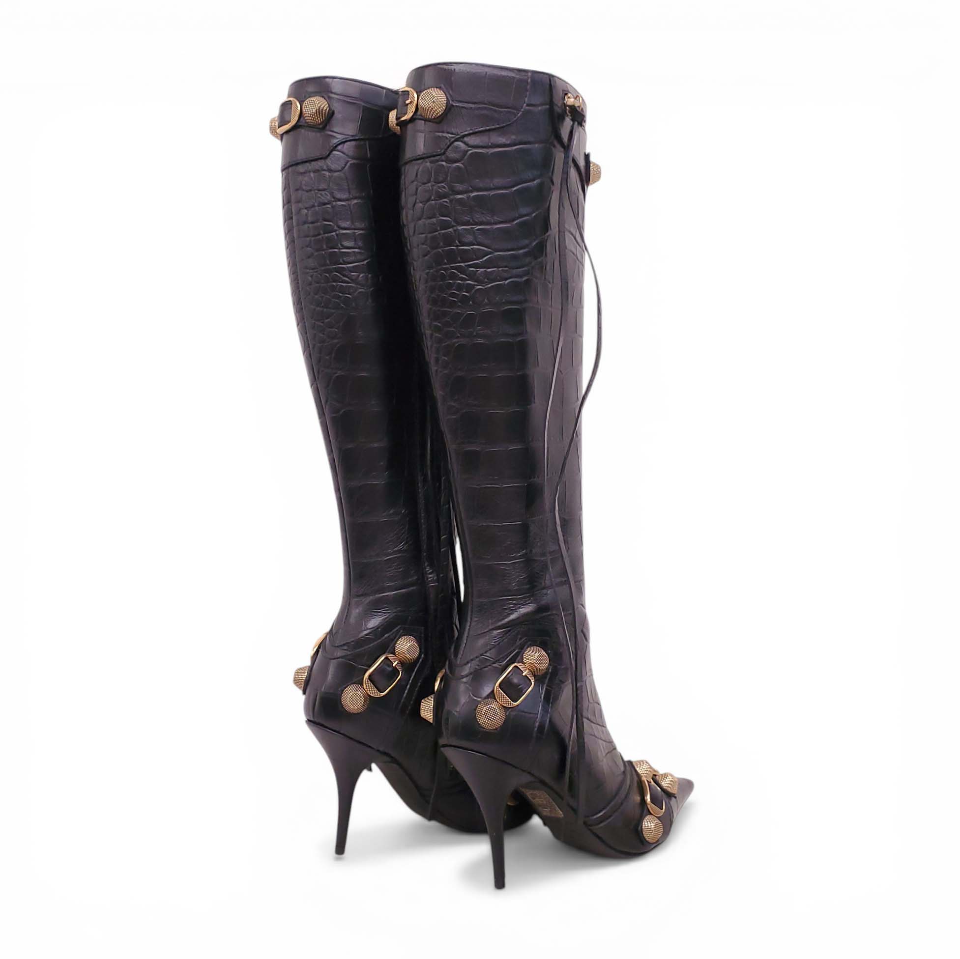 BALENCIAGA BLACK AND GOLD CROC EFFECT CAGOLE BOOTS - SIZE 36