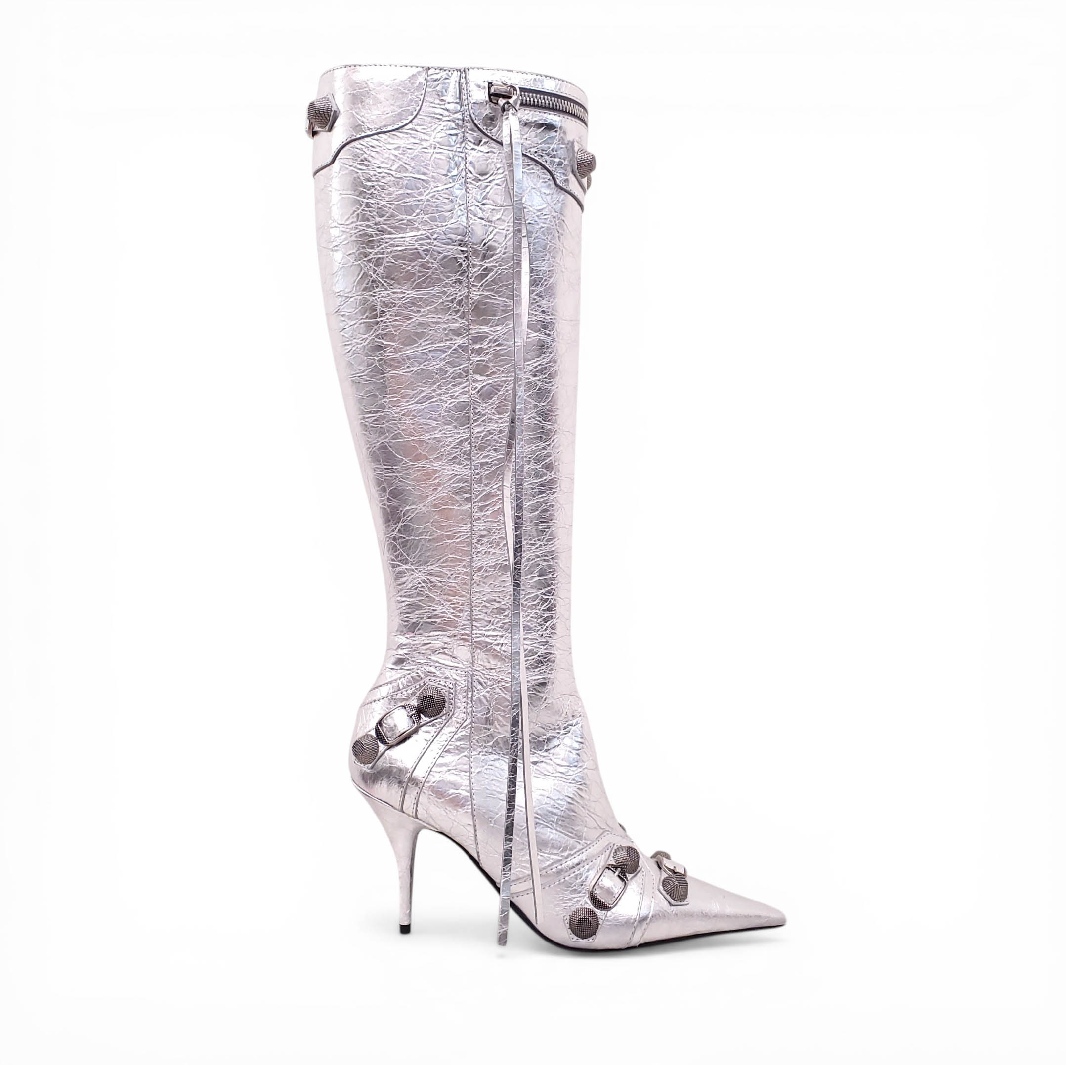 BALENCIAGA SILVER METALLIC CAGOLE BOOTS - SIZE 38