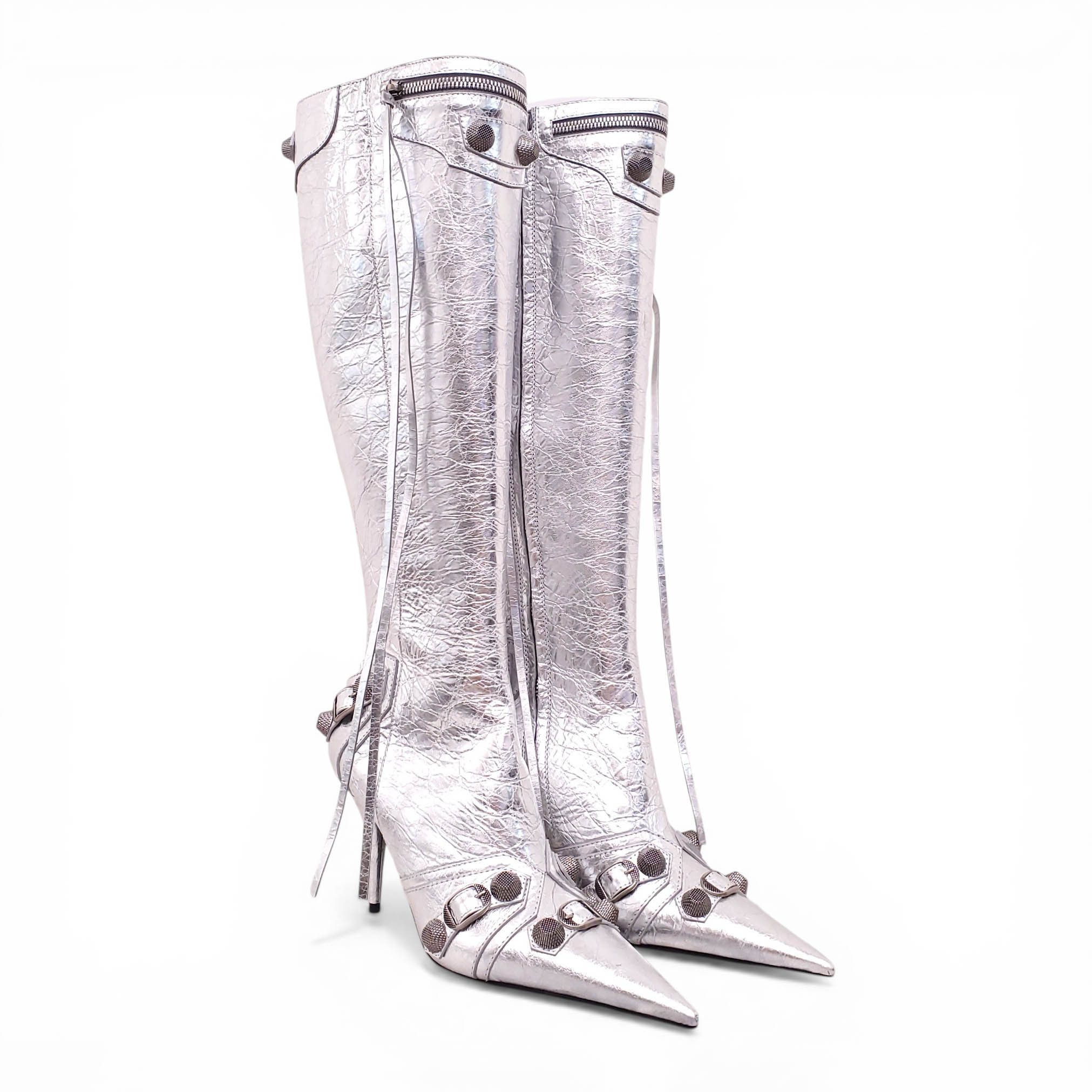 BALENCIAGA SILVER METALLIC CAGOLE BOOTS - SIZE 38