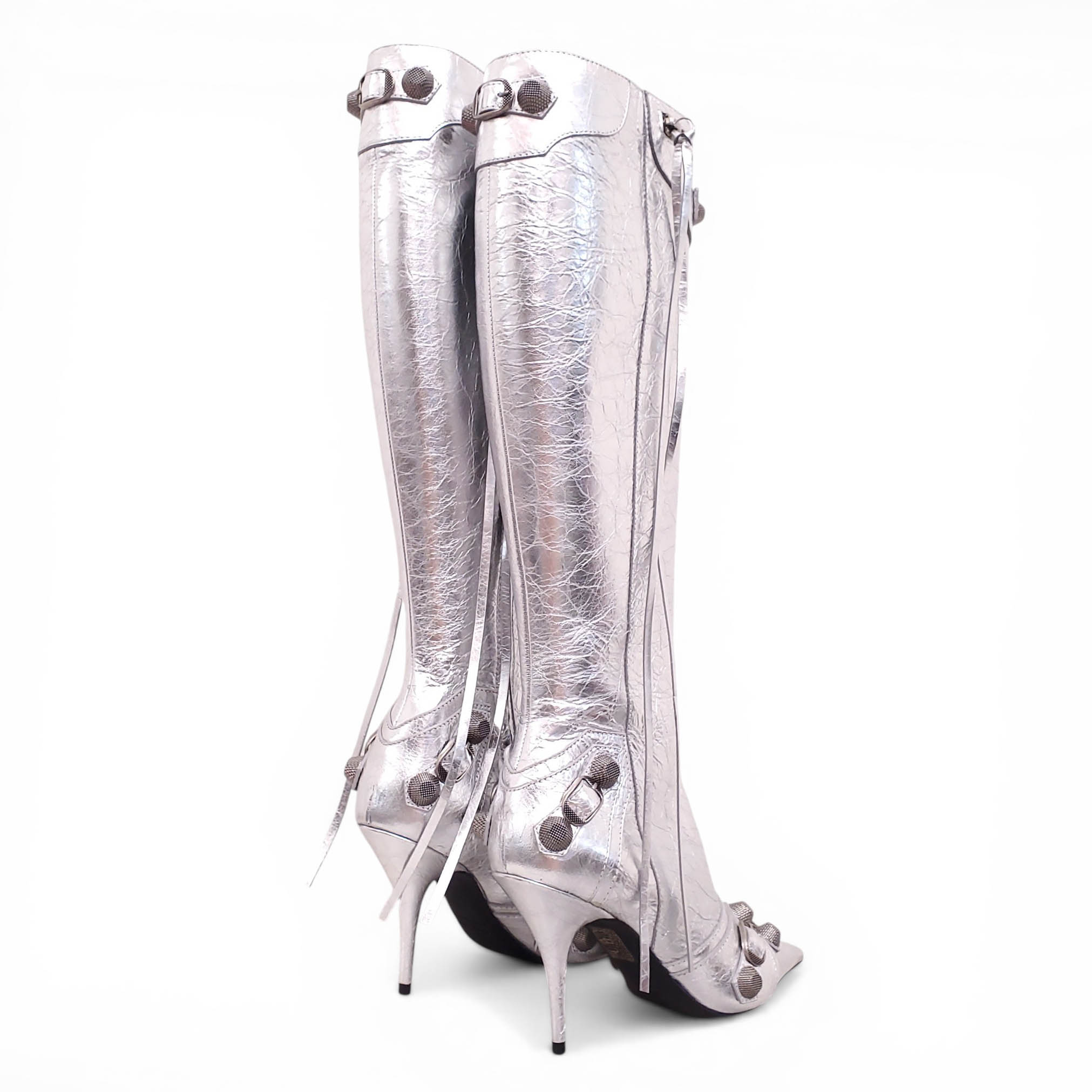 BALENCIAGA SILVER METALLIC CAGOLE BOOTS - SIZE 38