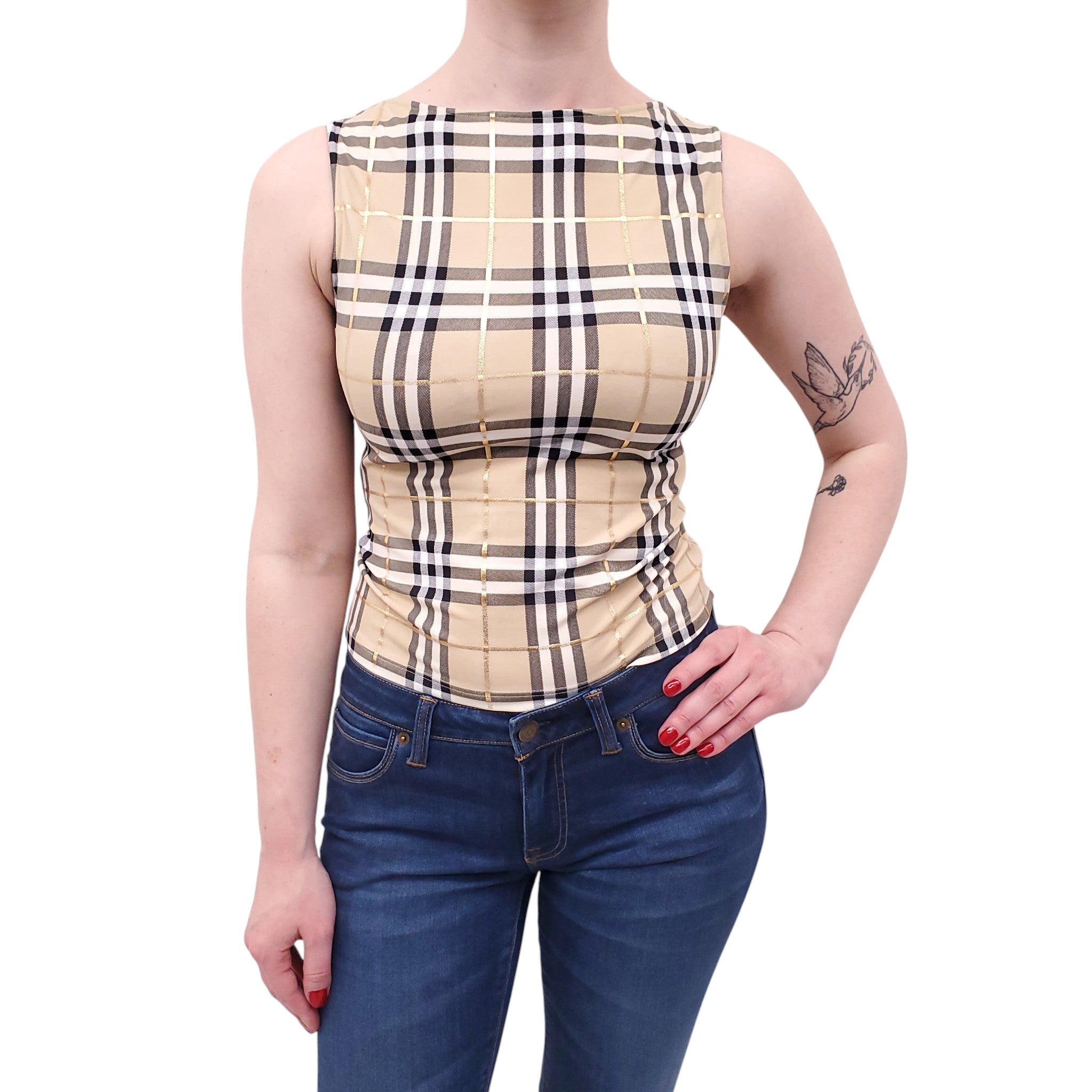 BURBERRY YELLOW CHECK TANK TOP WITH METALLIC DETAILS - SIZE S