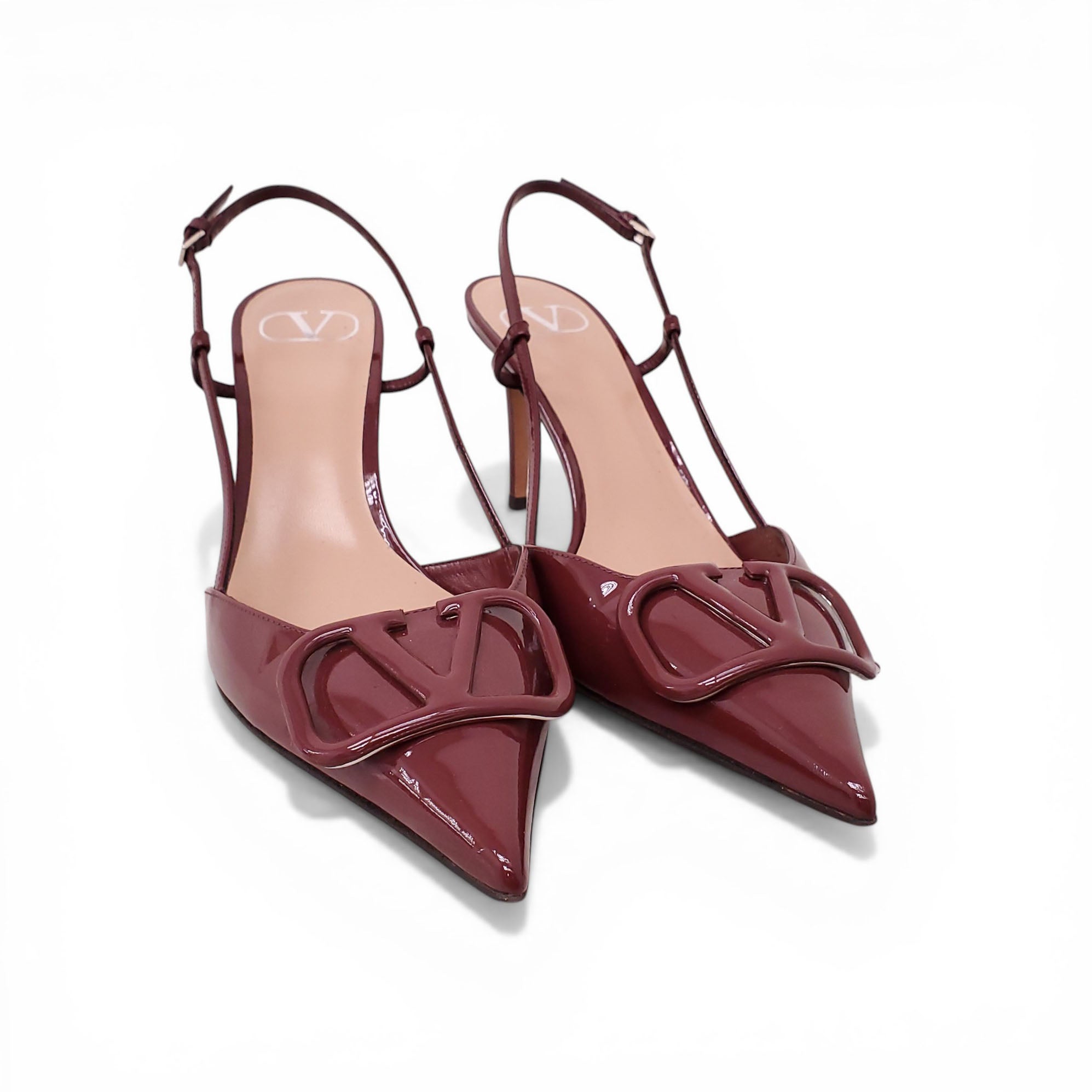VALENTINO BURGUNDY PATENT LOGO SLINGBACK HEELS - SIZE 40