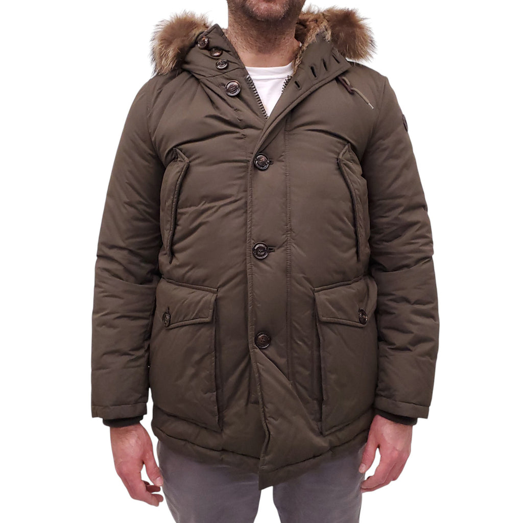 MONCLER SAGE GREEN BASTOGNE DOWN-FILLED JACKET WITH FUR LINING - MEN'S SIZE L