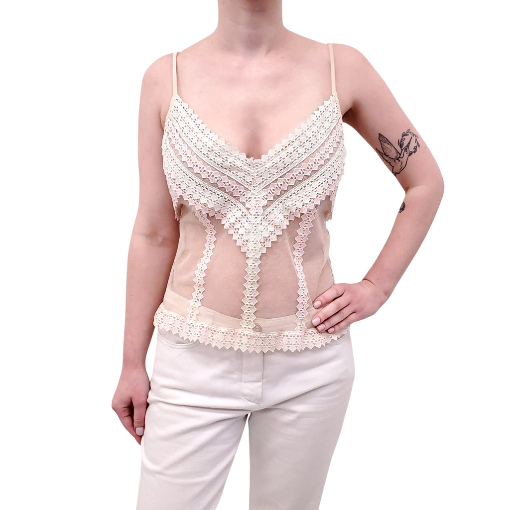 CHANEL 2004 PASTEL MESH LOGO EMBROIDERED LACE CAMISOLE - SIZE 42