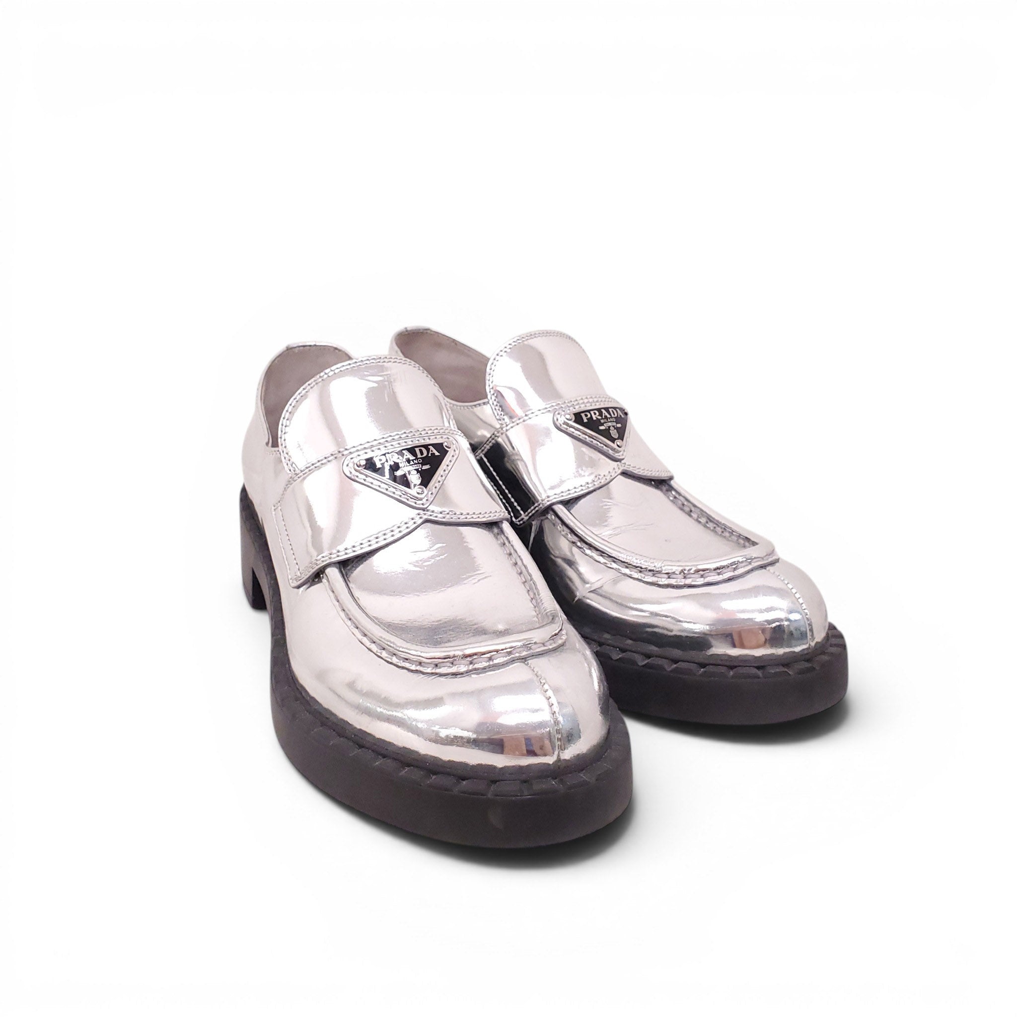PRADA SILVER LOGO LOAFERS - SIZE 38
