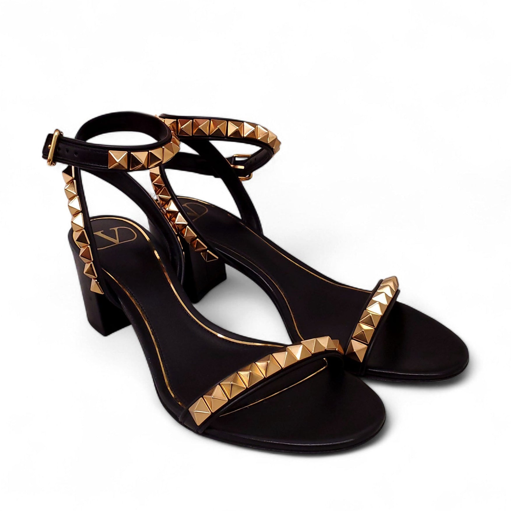 VALENTINO BLACK AND GOLD ROCKSTUD 'NO LIMIT' LEATHER SANDALS - SIZE 37