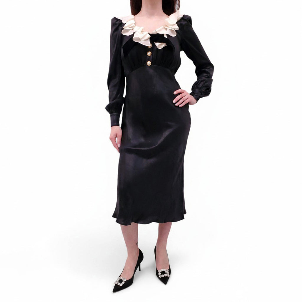 ALESSANDRA RICH BLACK LAMINATED SILK MIDI DRESS - SIZE 42 (FITS SMALL)