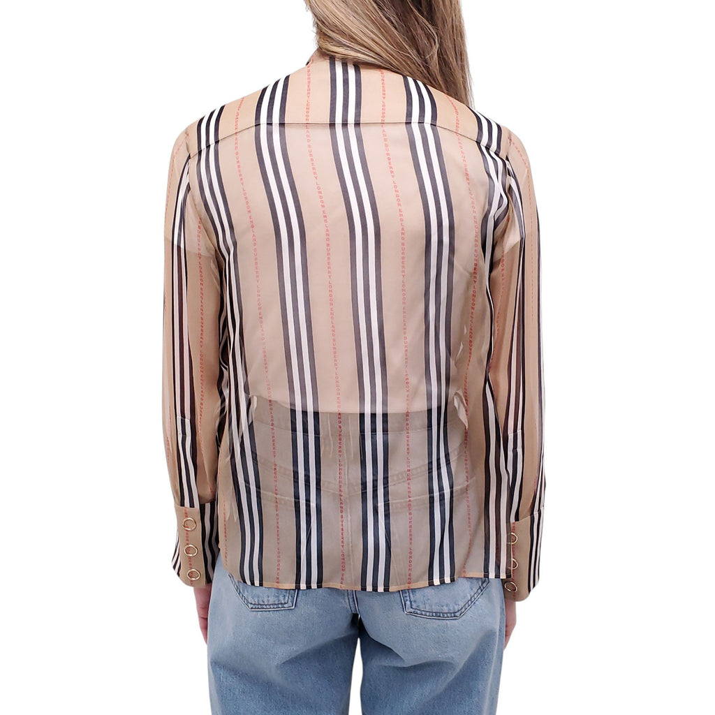 BURBERRY SILK STRIPED LOGO 'AMELIE' SHIRT WITH TIE - SIZE US 4