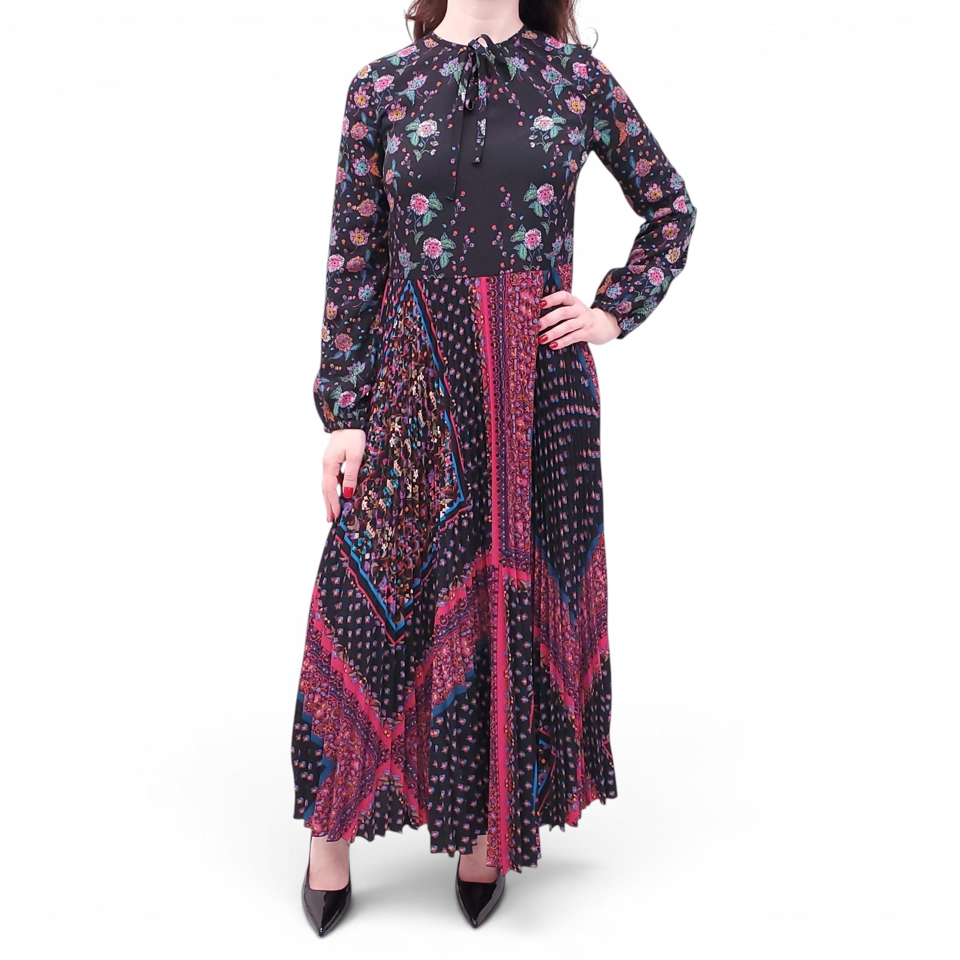 RED VALENTINO BLACK AND MULTICOLOURED FLORAL PLEATED DRESS - SIZE 42