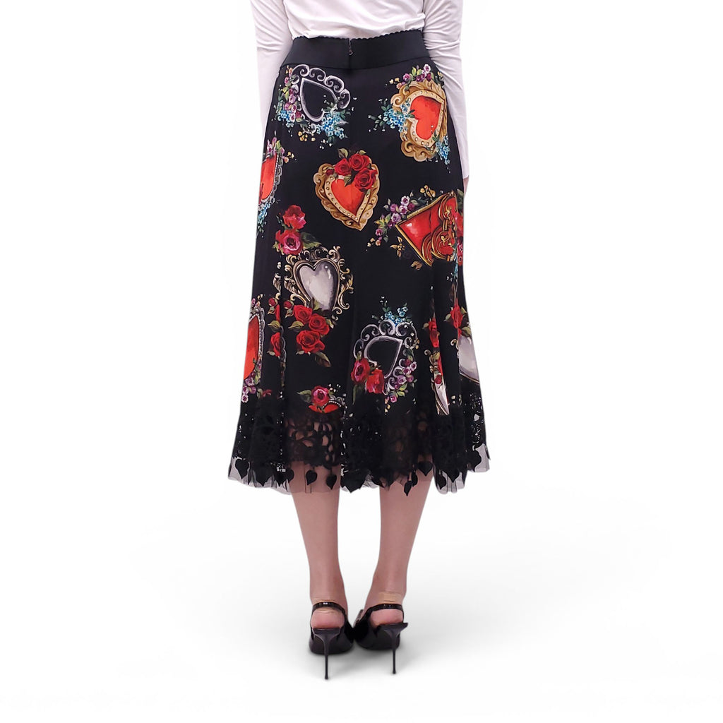 DOLCE & GABBANA BLACK AND RED FLORAL HEART PATTERNED SKIRT - SIZE 46