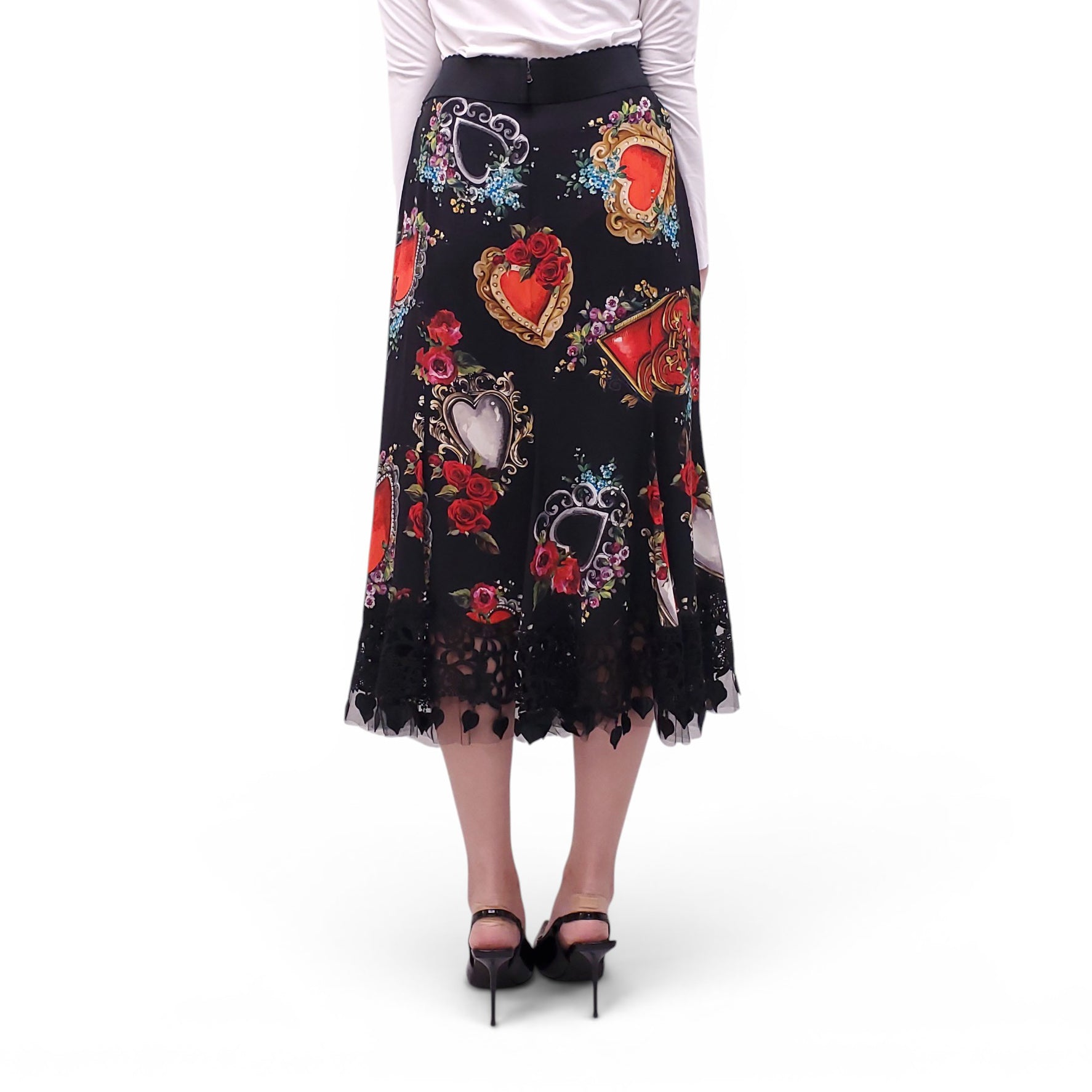 DOLCE & GABBANA BLACK AND RED FLORAL HEART PATTERNED SKIRT - SIZE 46