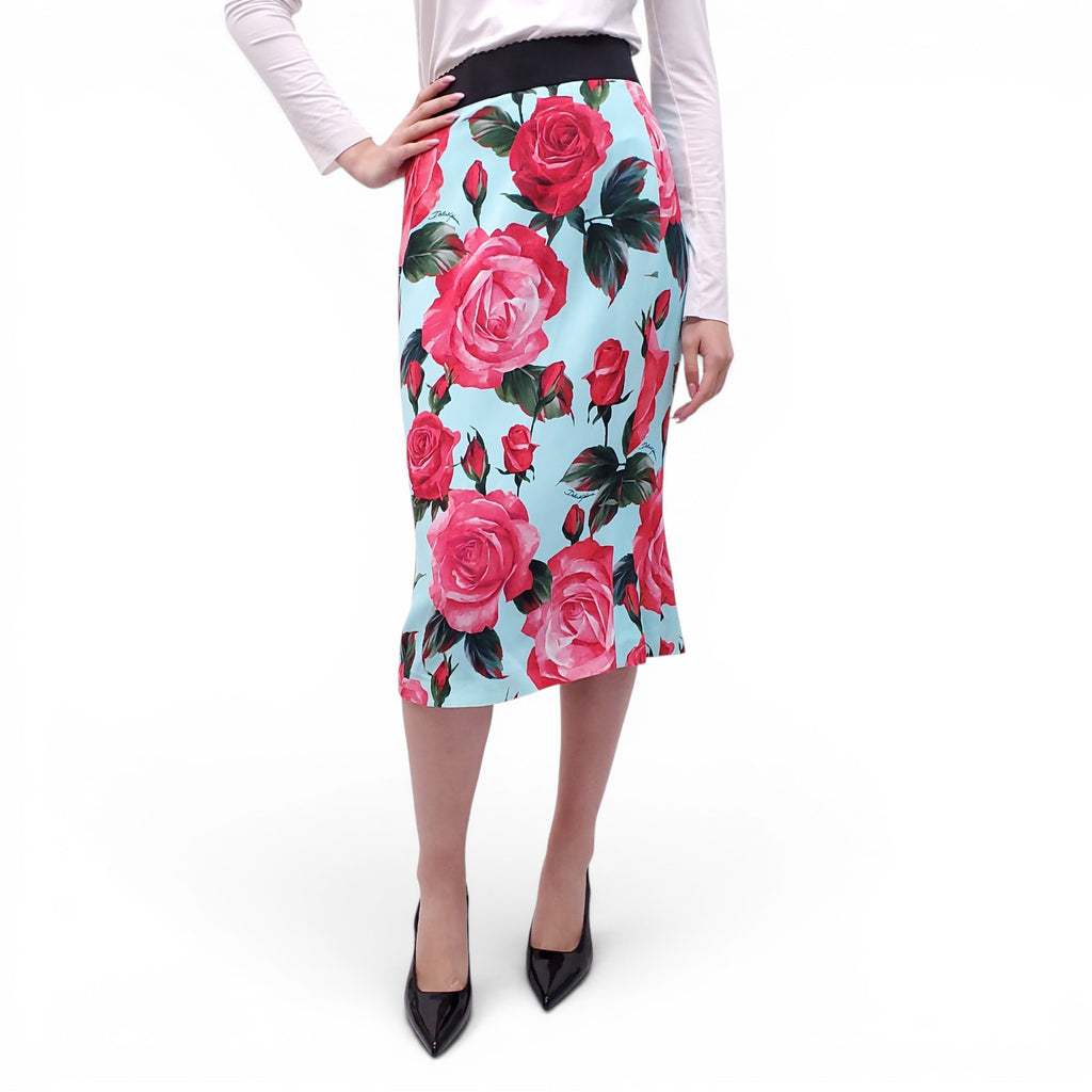 DOLCE & GABBANA TEAL ROSE PATTERNED SKIRT - SIZE 44