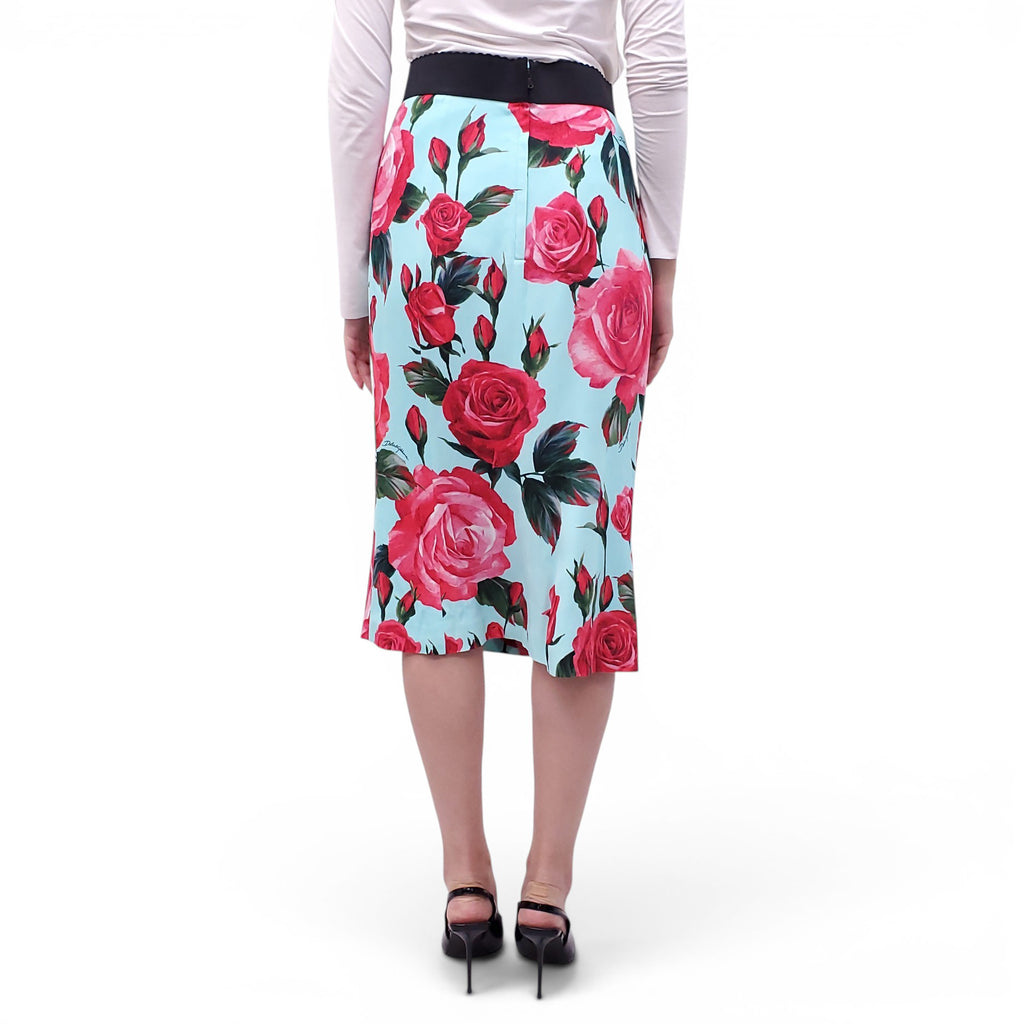 DOLCE & GABBANA TEAL ROSE PATTERNED SKIRT - SIZE 44