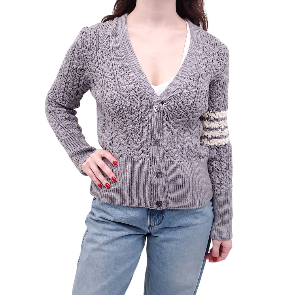 THOM BROWNE GREY IRISH WOOL CABLE KNIT CARDIGAN - SIZE 38