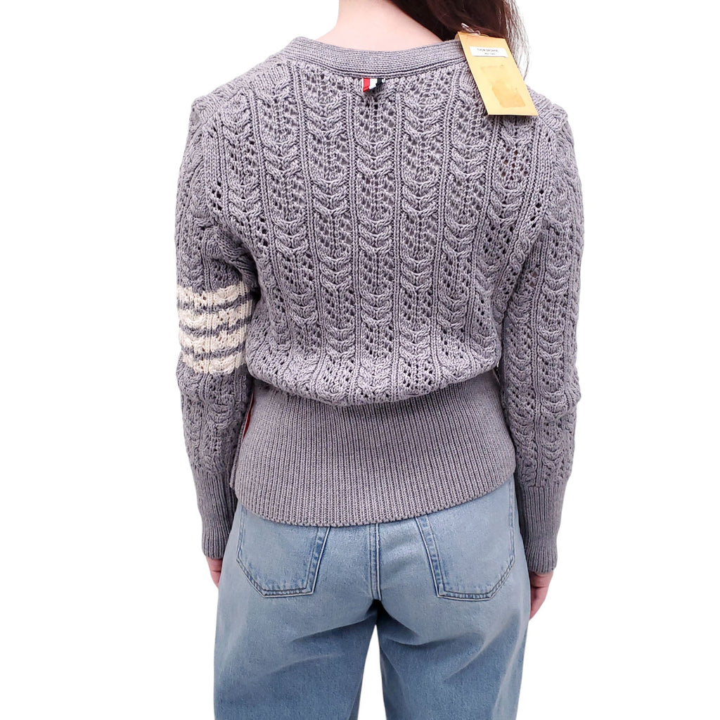 THOM BROWNE GREY IRISH WOOL CABLE KNIT CARDIGAN - SIZE 38