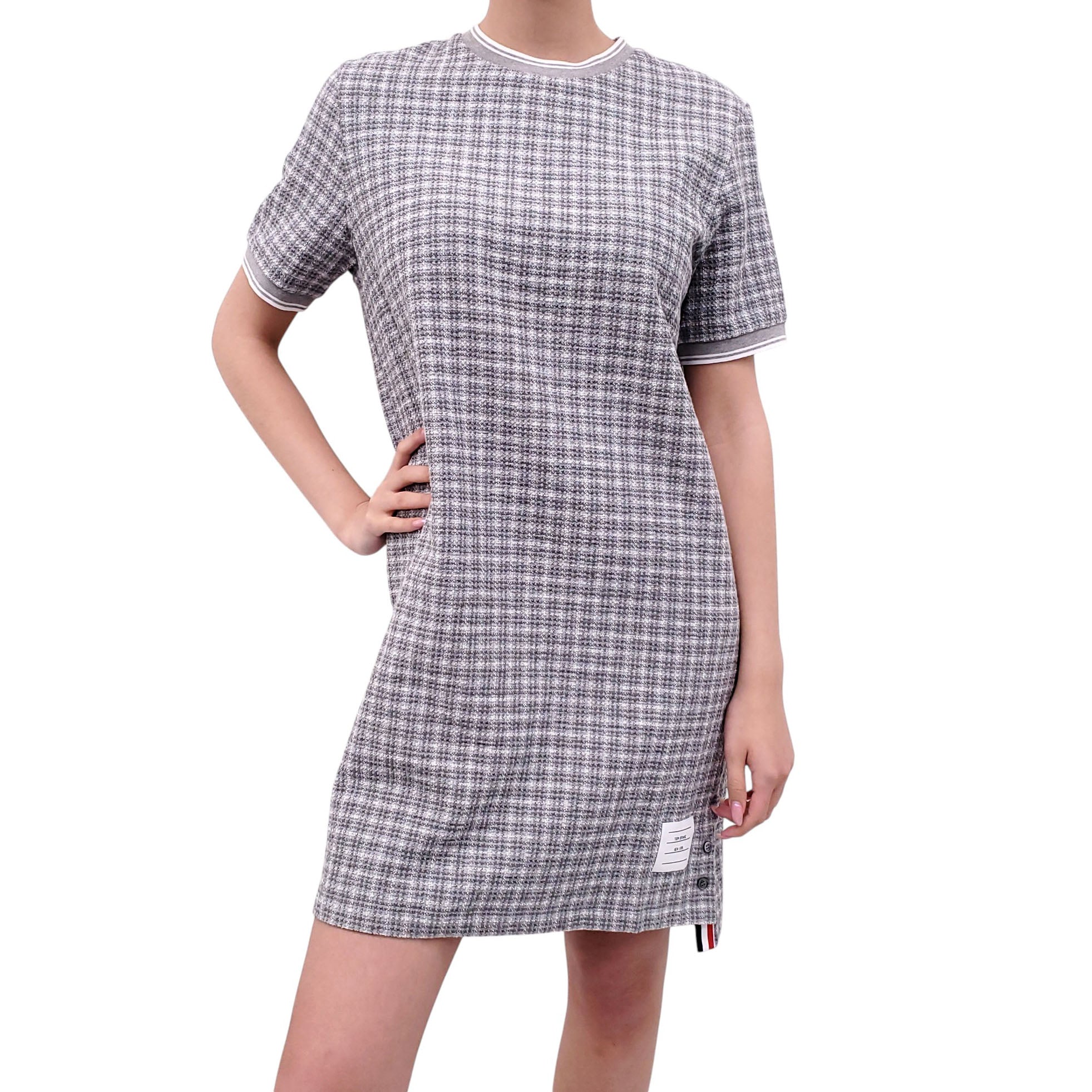 THOM BROWNE GREY COTTON TWEED SHORT-SLEEVE DRESS - SIZE 44