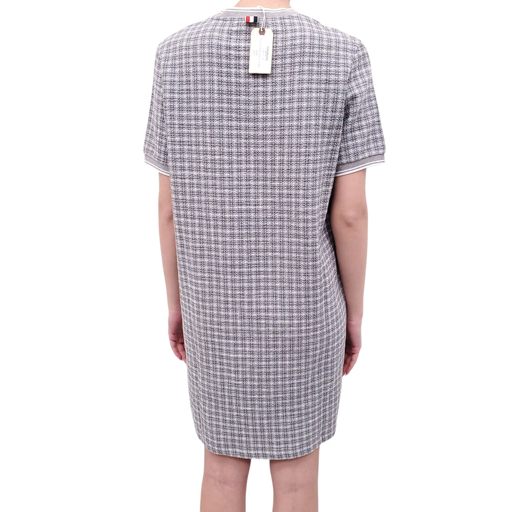 THOM BROWNE GREY COTTON TWEED SHORT-SLEEVE DRESS - SIZE 44