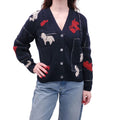 THOM BROWNE NAVY MOHAIR TWEED EMBROIDERED CARDIGAN - SIZE 38