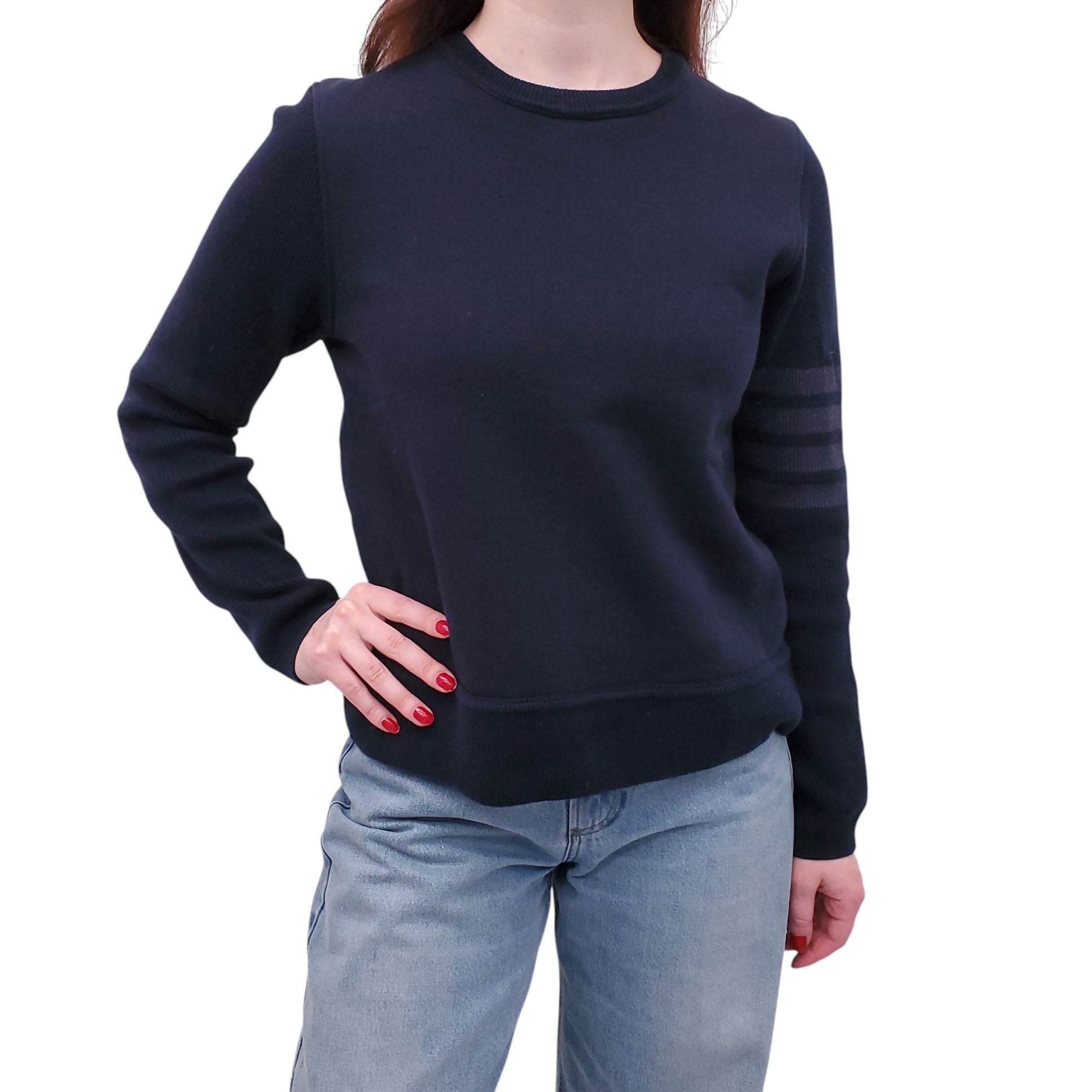 THOM BROWNE NAVY 4-BAR KNIT DETAIL CREWNECK SWEATSHIRT - SIZE 44