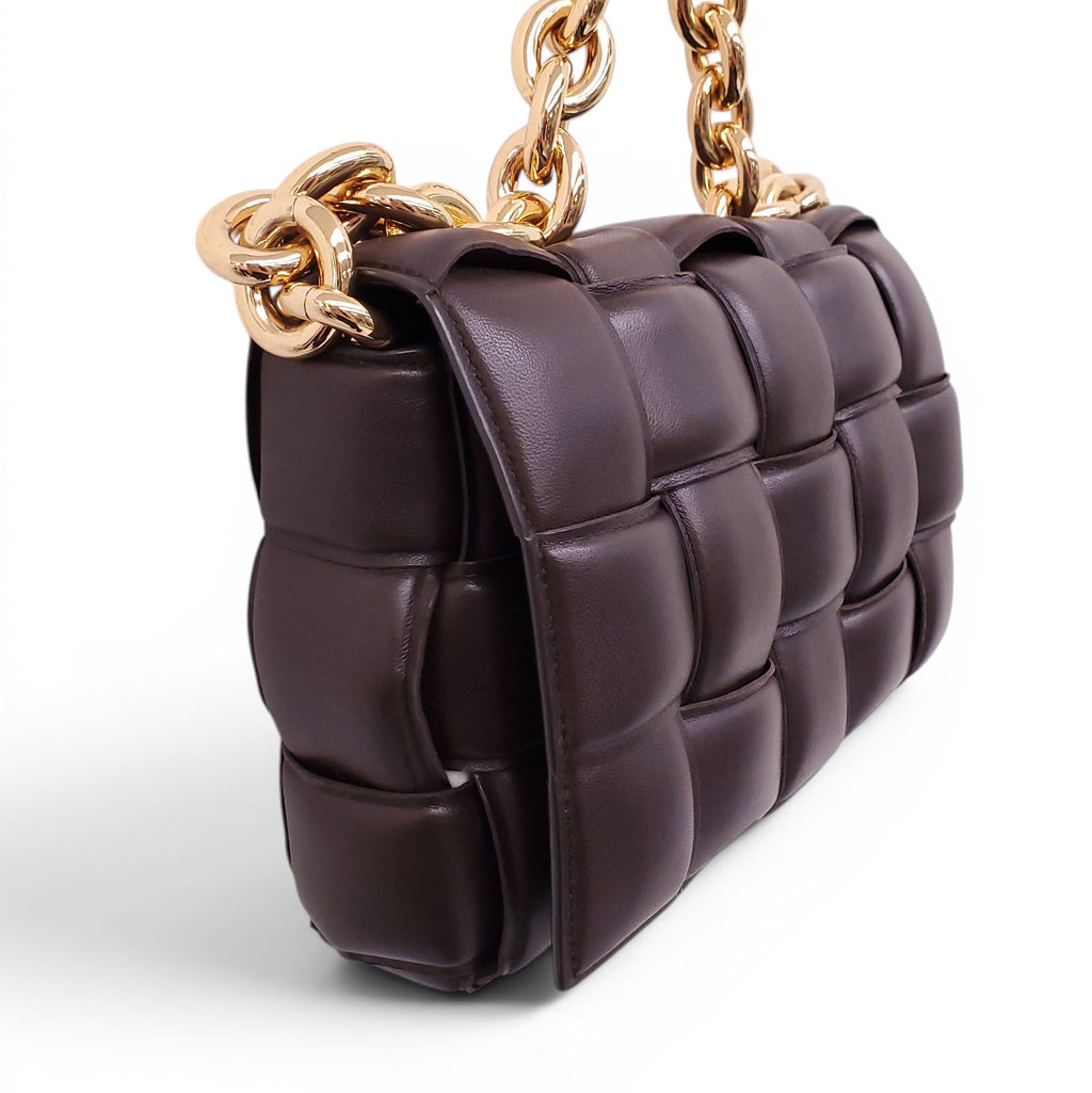 BOTTEGA VENETA BROWN LEATHER PADDED CASSETTE BAG WITH GOLD CHAIN