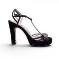 GUCCI BLACK SUEDE STRAPPY HEELS WITH PANTHER EMBLEM - SIZE 38.5