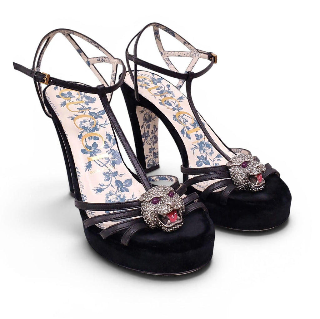 GUCCI BLACK SUEDE STRAPPY HEELS WITH PANTHER EMBLEM - SIZE 38.5