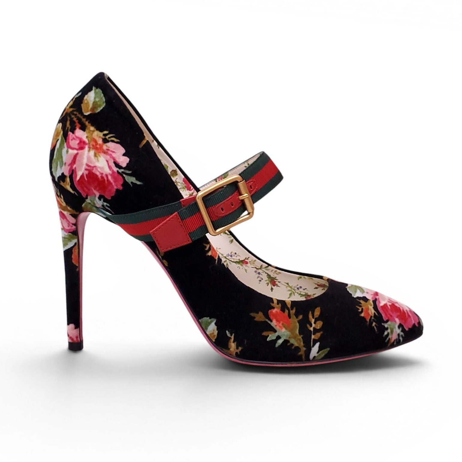 GUCCI VELVET FLORAL HEELS WITH RIBBON DETAIL - SIZE 39.5