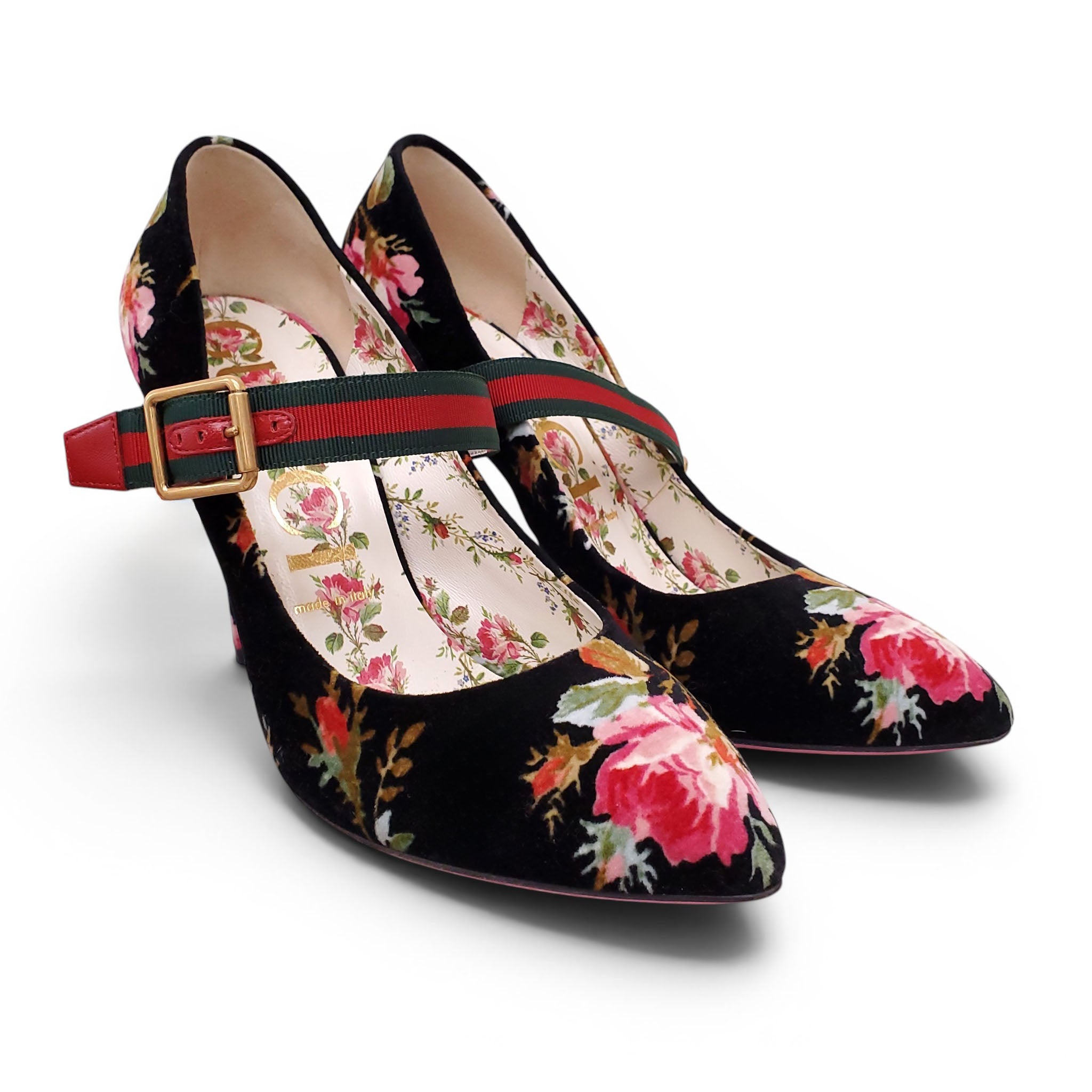 GUCCI VELVET FLORAL HEELS WITH RIBBON DETAIL - SIZE 39.5