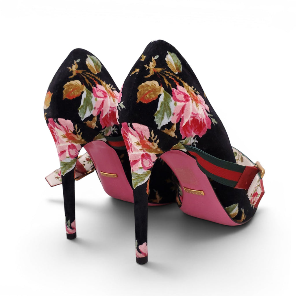 GUCCI VELVET FLORAL HEELS WITH RIBBON DETAIL - SIZE 39.5