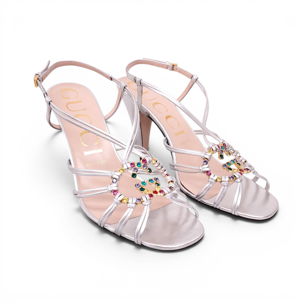GUCCI SILVER HEELS WITH MULTICOLOUR CRYSTAL GG LOGO - SIZE 39