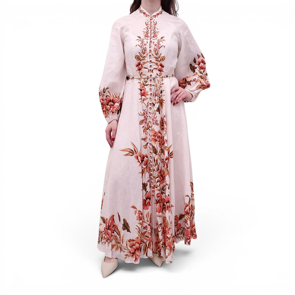 ZIMMERMANN GOLDEN FLORAL 'VACAY' BUTTON-UP MAXI DRESS WITH BEADED TIE BELT - SIZE 1 (US 6)