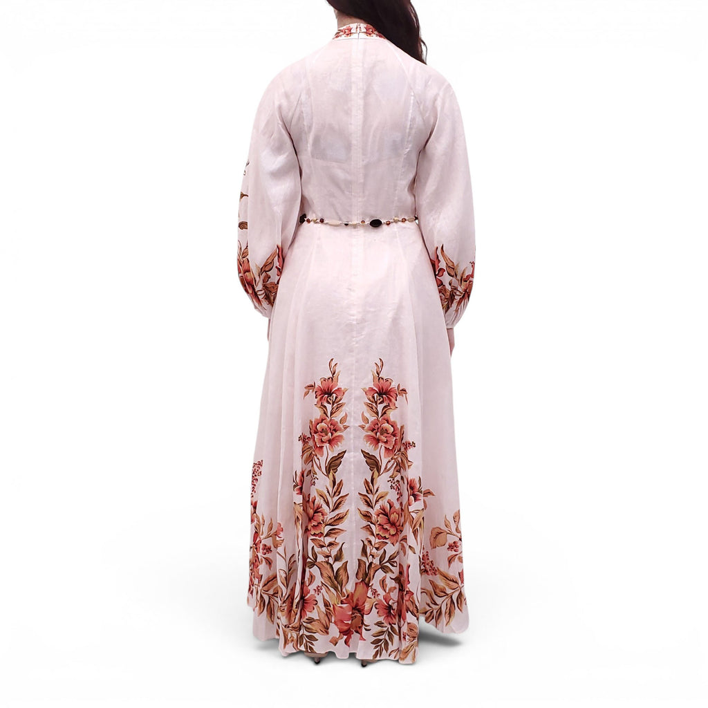 ZIMMERMANN GOLDEN FLORAL 'VACAY' BUTTON-UP MAXI DRESS WITH BEADED TIE BELT - SIZE 1 (US 6)
