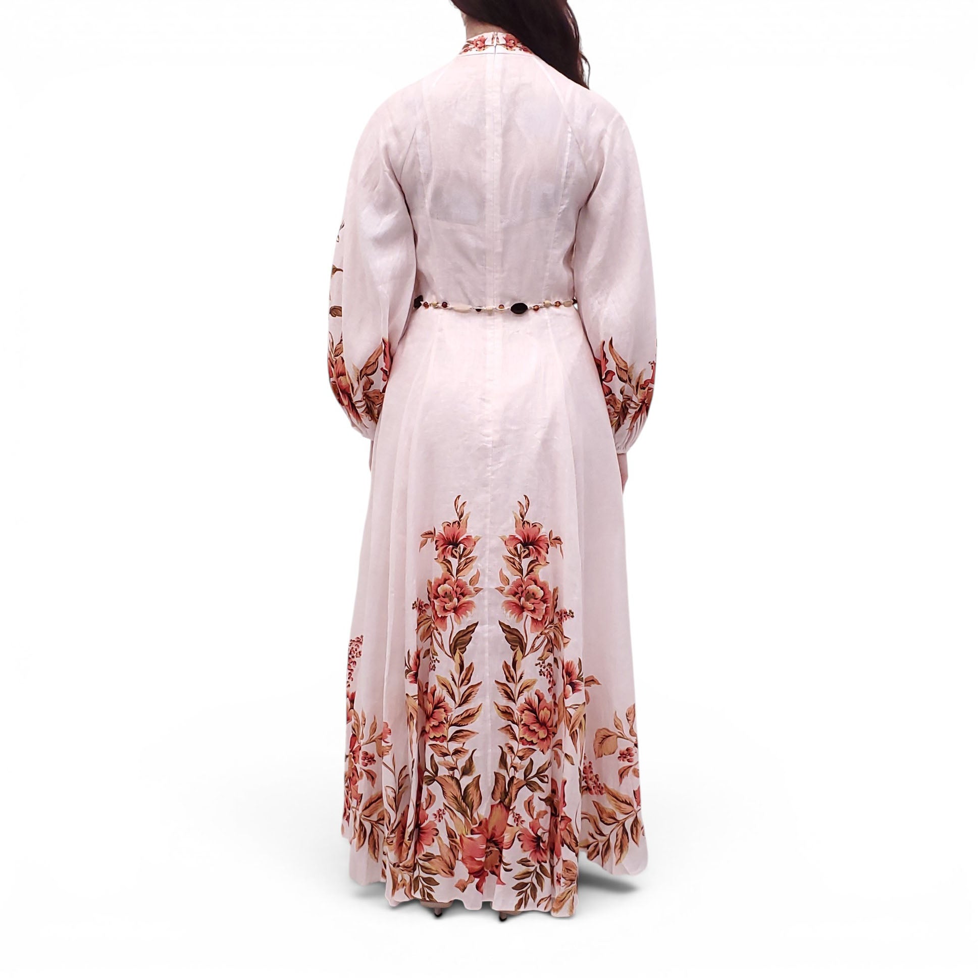 ZIMMERMANN GOLDEN FLORAL 'VACAY' BUTTON-UP MAXI DRESS WITH BEADED TIE BELT - SIZE 1 (US 6)