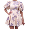 ZIMMERMANN PURPLE PALM TOILE 'LINEN DAY' MINI DRESS WITH PUFF SLEEVES - SIZE 0P (US 2)