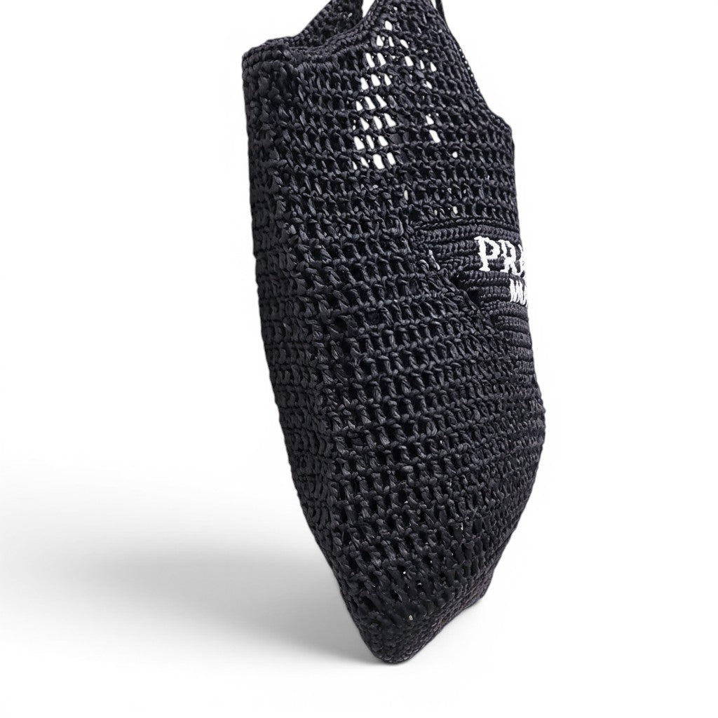 PRADA BLACK RAFFIA CROCHET LOGO TOTE BAG