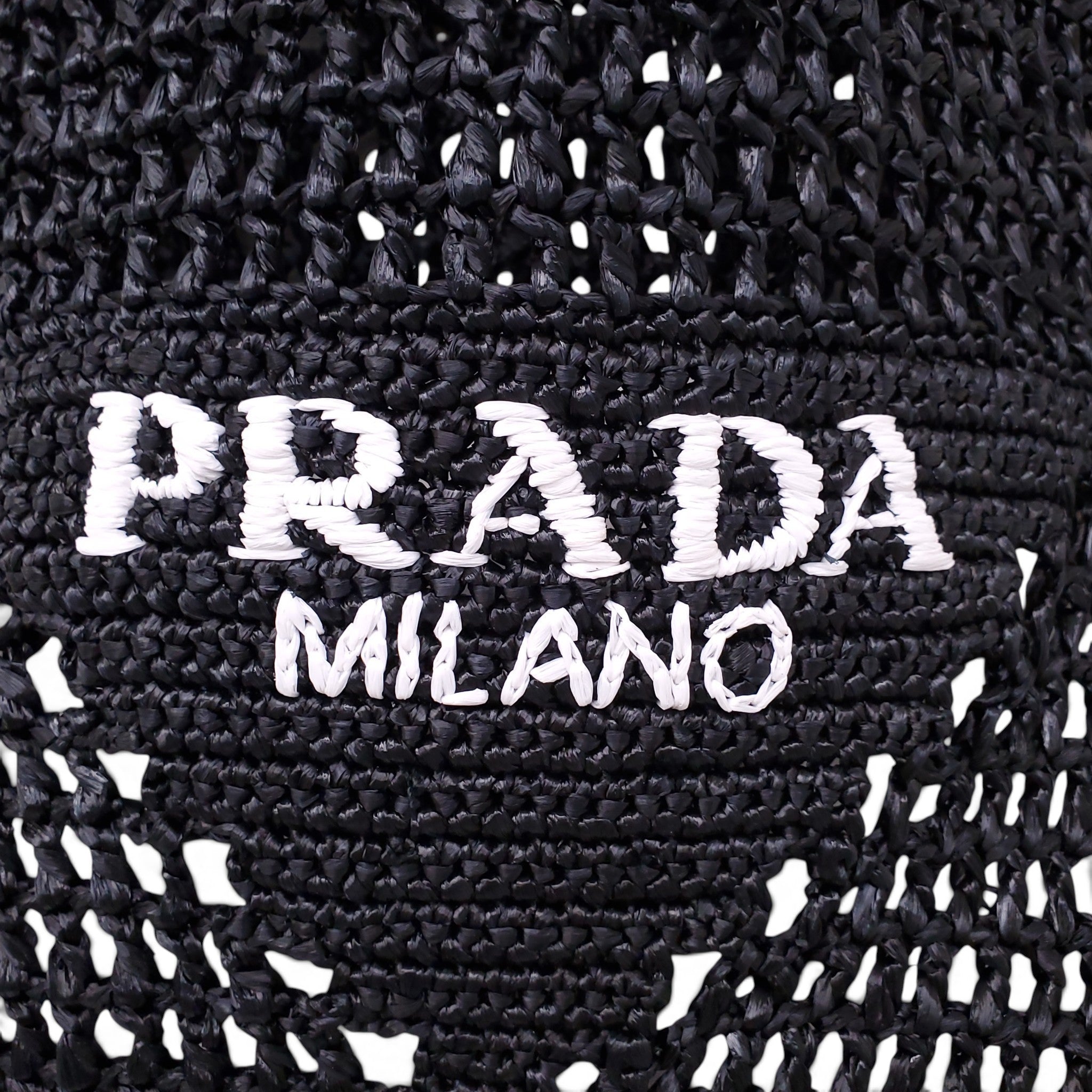 PRADA BLACK RAFFIA CROCHET LOGO TOTE BAG