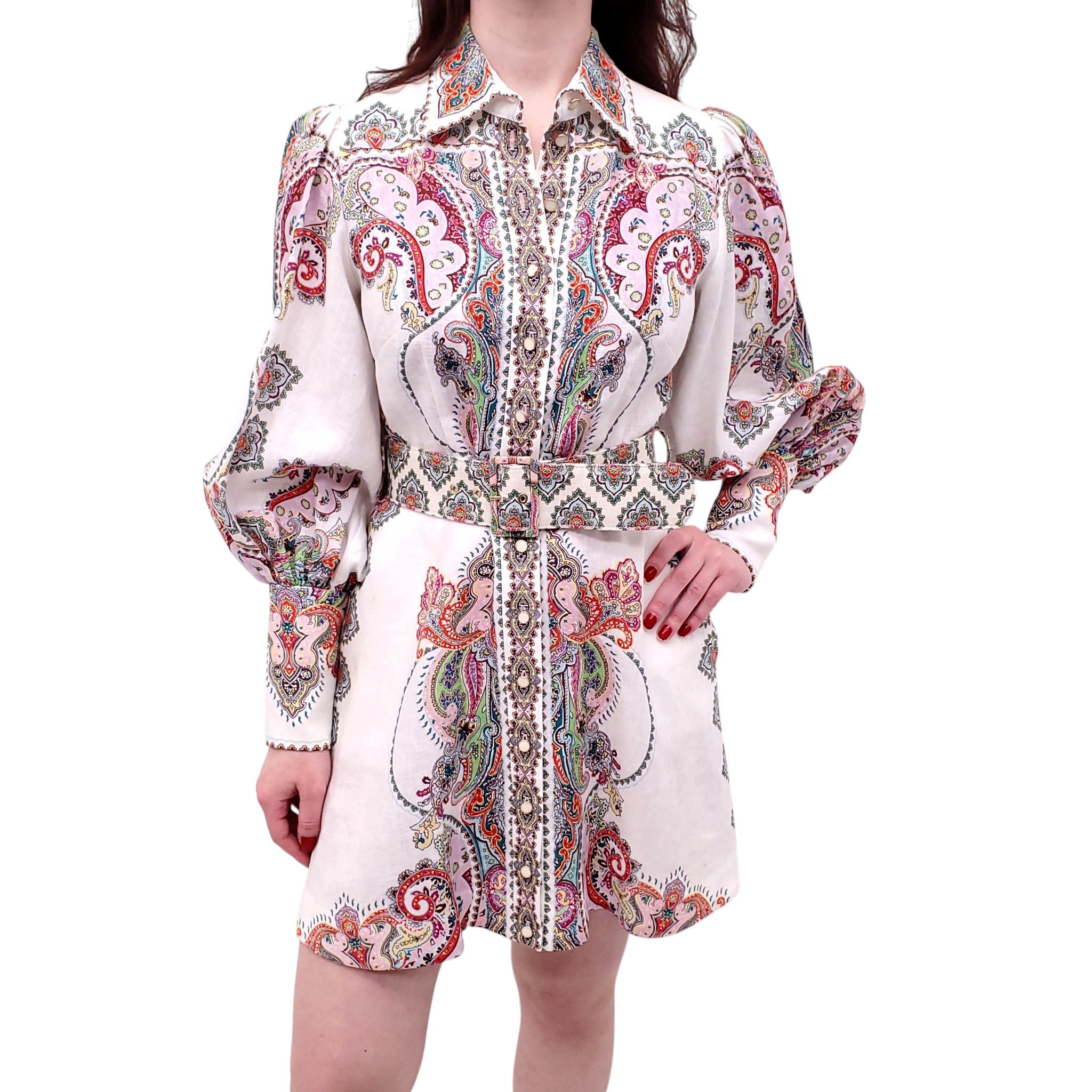 ZIMMERMANN WHITE AND MULTICOLOURED PAISLEY PRINT DRESS WITH BELT - SIZE 1 (US 6)