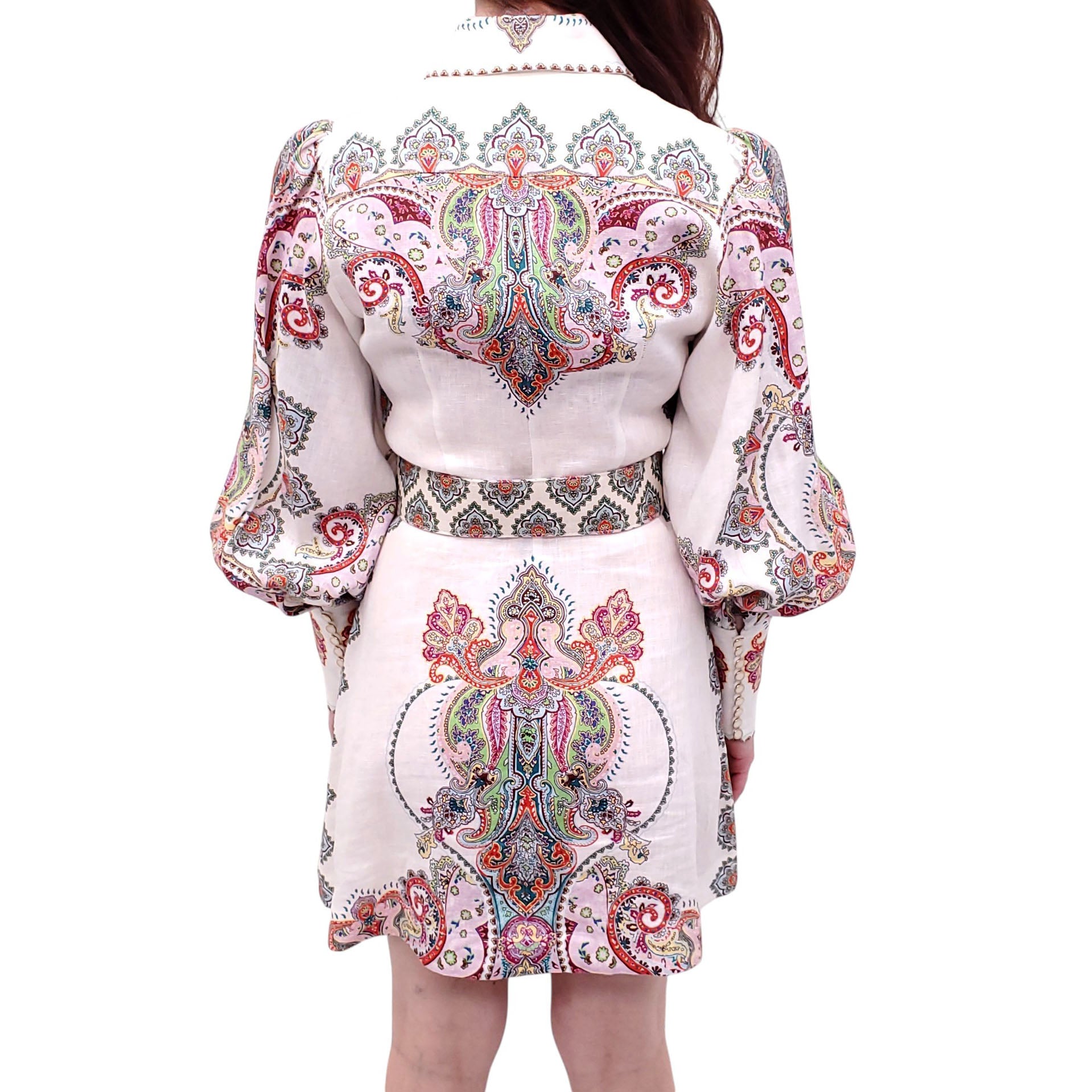 ZIMMERMANN WHITE AND MULTICOLOURED PAISLEY PRINT DRESS WITH BELT - SIZE 1 (US 6)