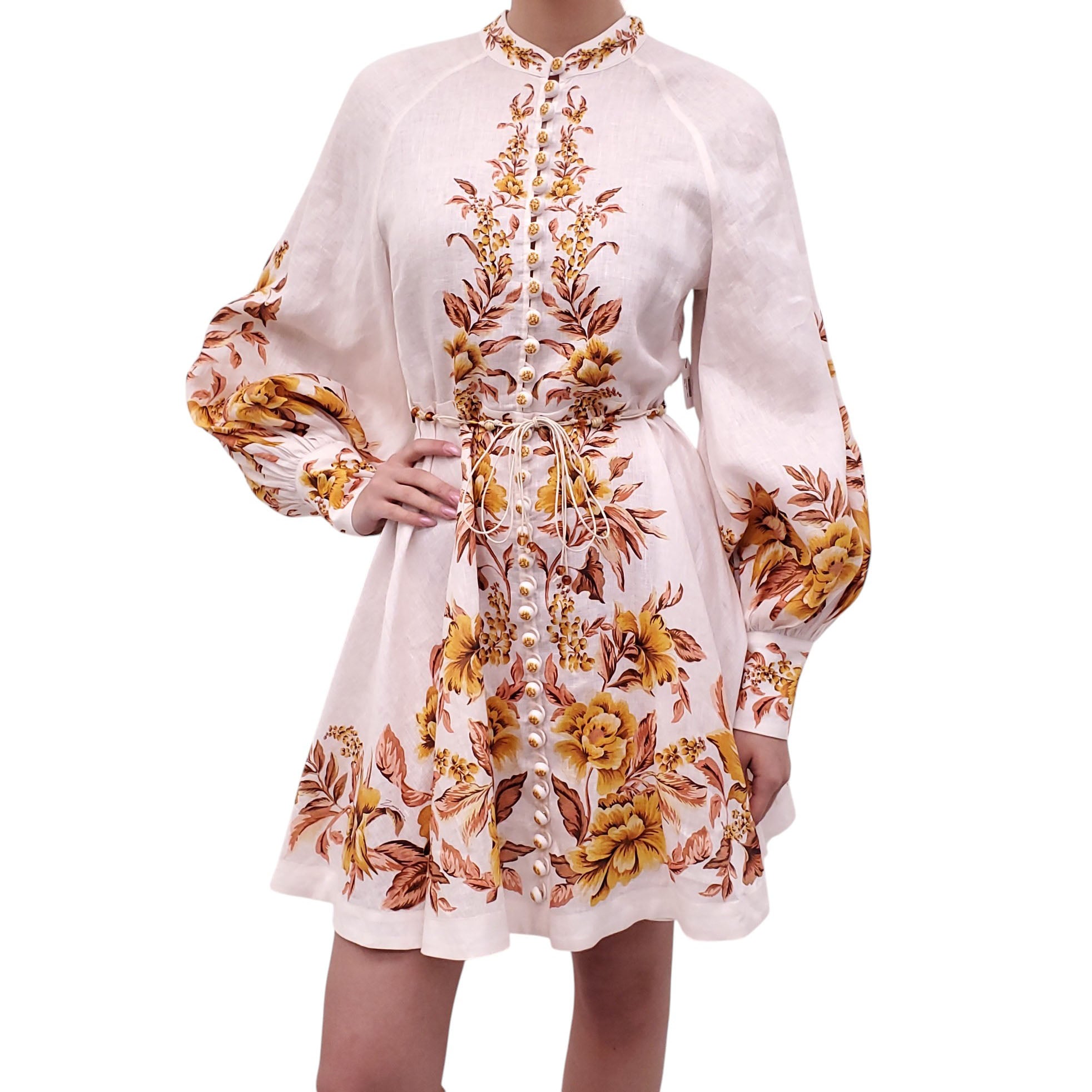 ZIMMERMANN GOLDEN FLORAL 'VACAY' BUTTON-UP MINI DRESS WITH BEADED TIE BELT - SIZE 2 (US 8)