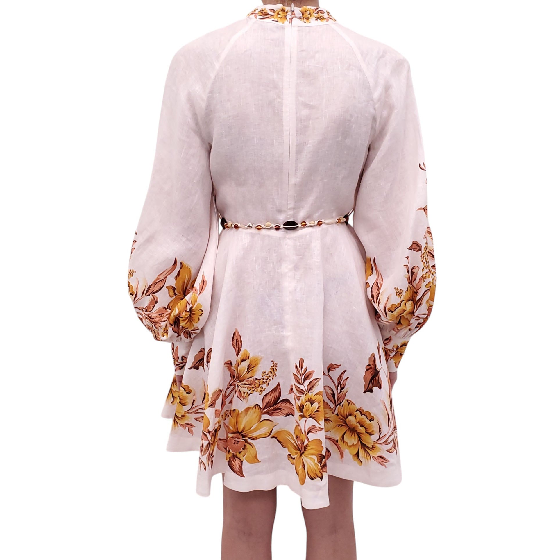 ZIMMERMANN GOLDEN FLORAL 'VACAY' BUTTON-UP MINI DRESS WITH BEADED TIE BELT - SIZE 2 (US 8)