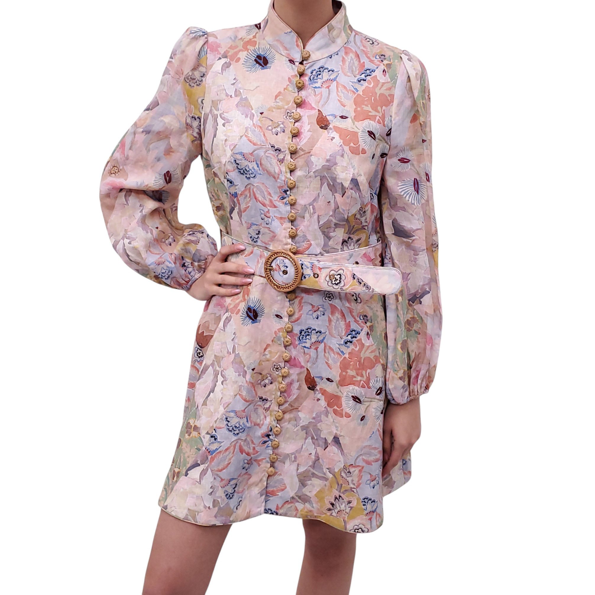 ZIMMERMANN PASTEL FLORAL PATTERNED DRESS WITH BELT - SIZE 3 (US 10)