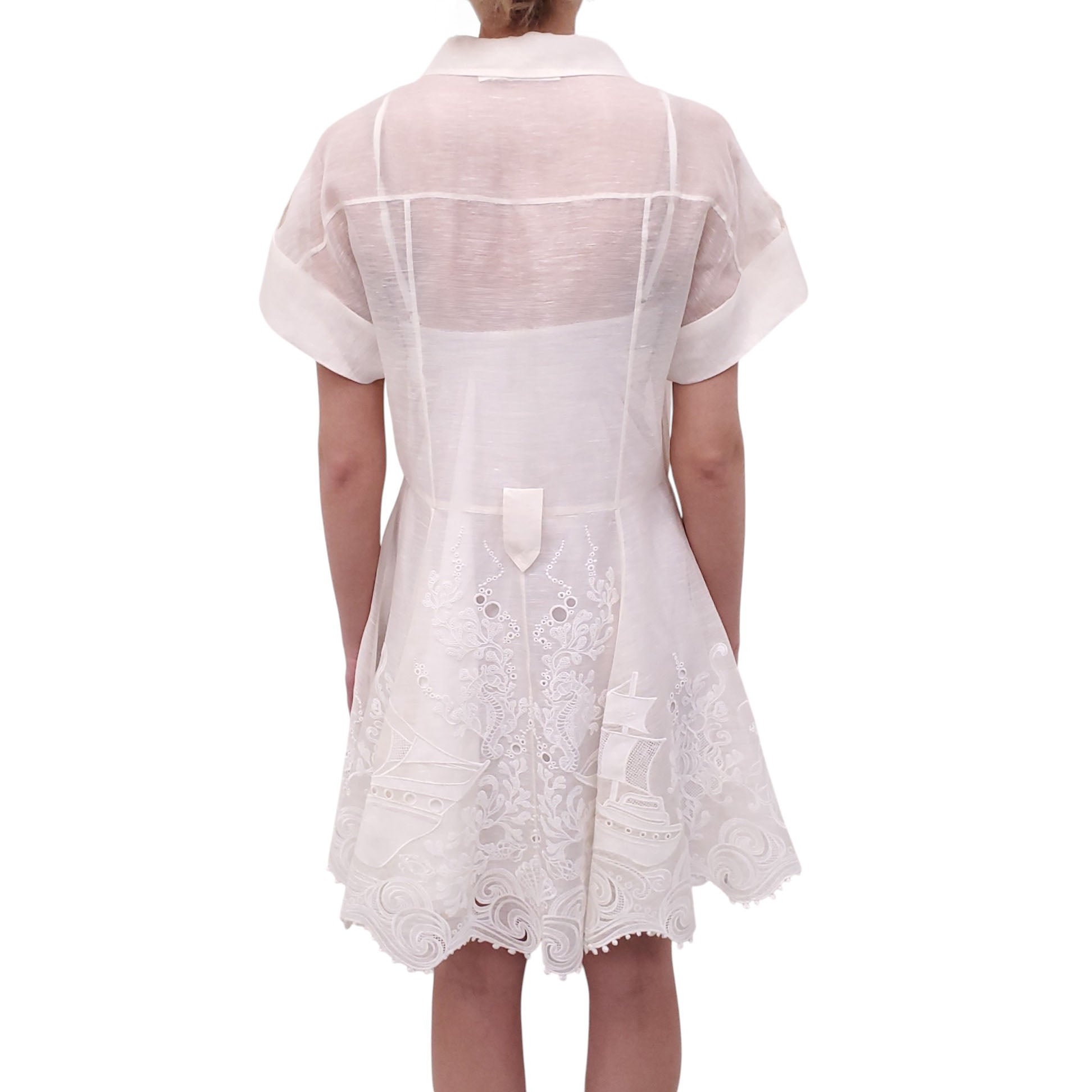 ZIMMERMANN CREAM SHEER DRESS WITH WHITE EMBROIDERED DETAILS - SIZE 3 (US 10)
