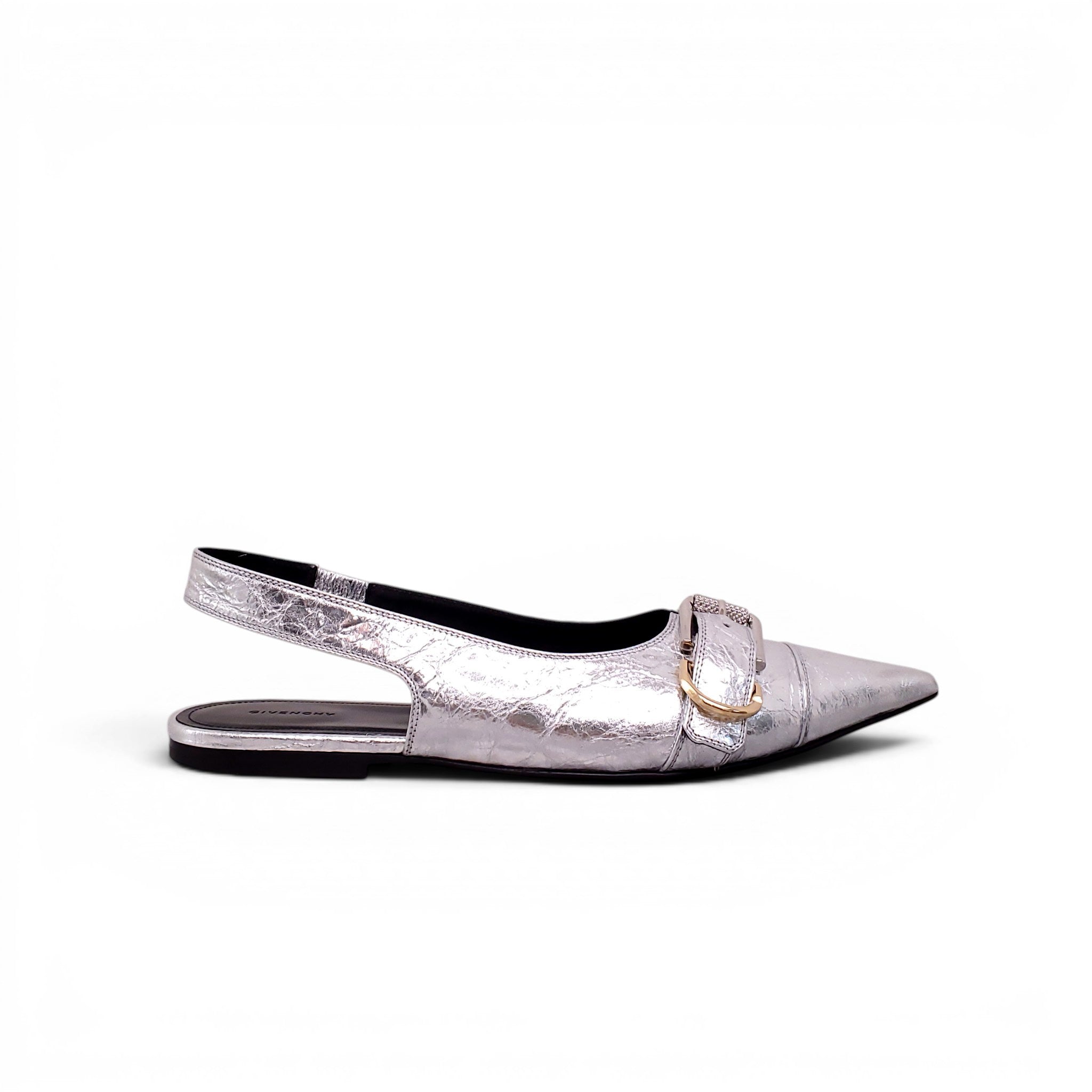 GIVENCHY SILVER METALLIC BUCKLE SLINGBACK FLATS - SIZE 38