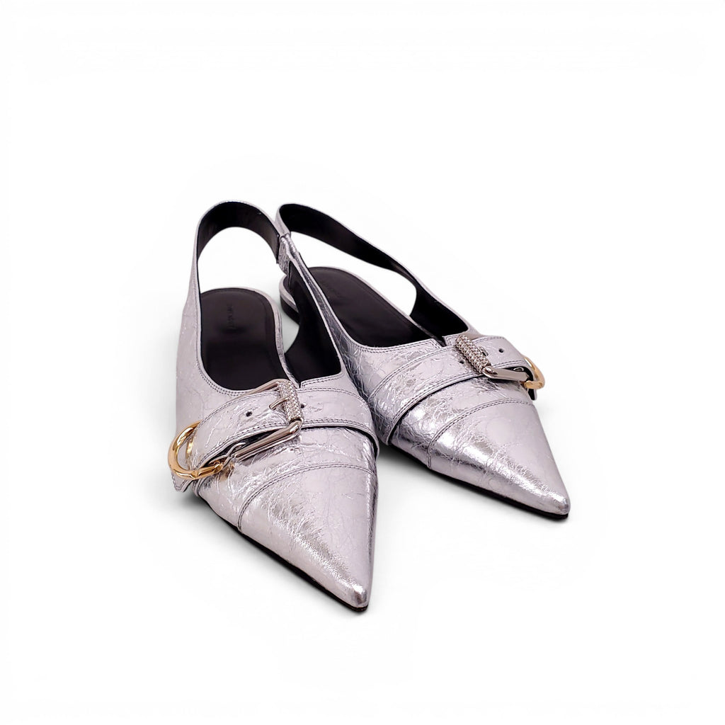 GIVENCHY SILVER METALLIC BUCKLE SLINGBACK FLATS - SIZE 38