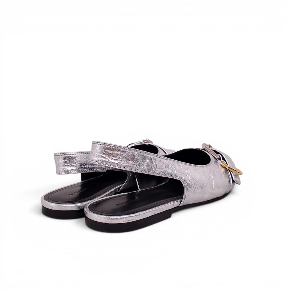 GIVENCHY SILVER METALLIC BUCKLE SLINGBACK FLATS - SIZE 38