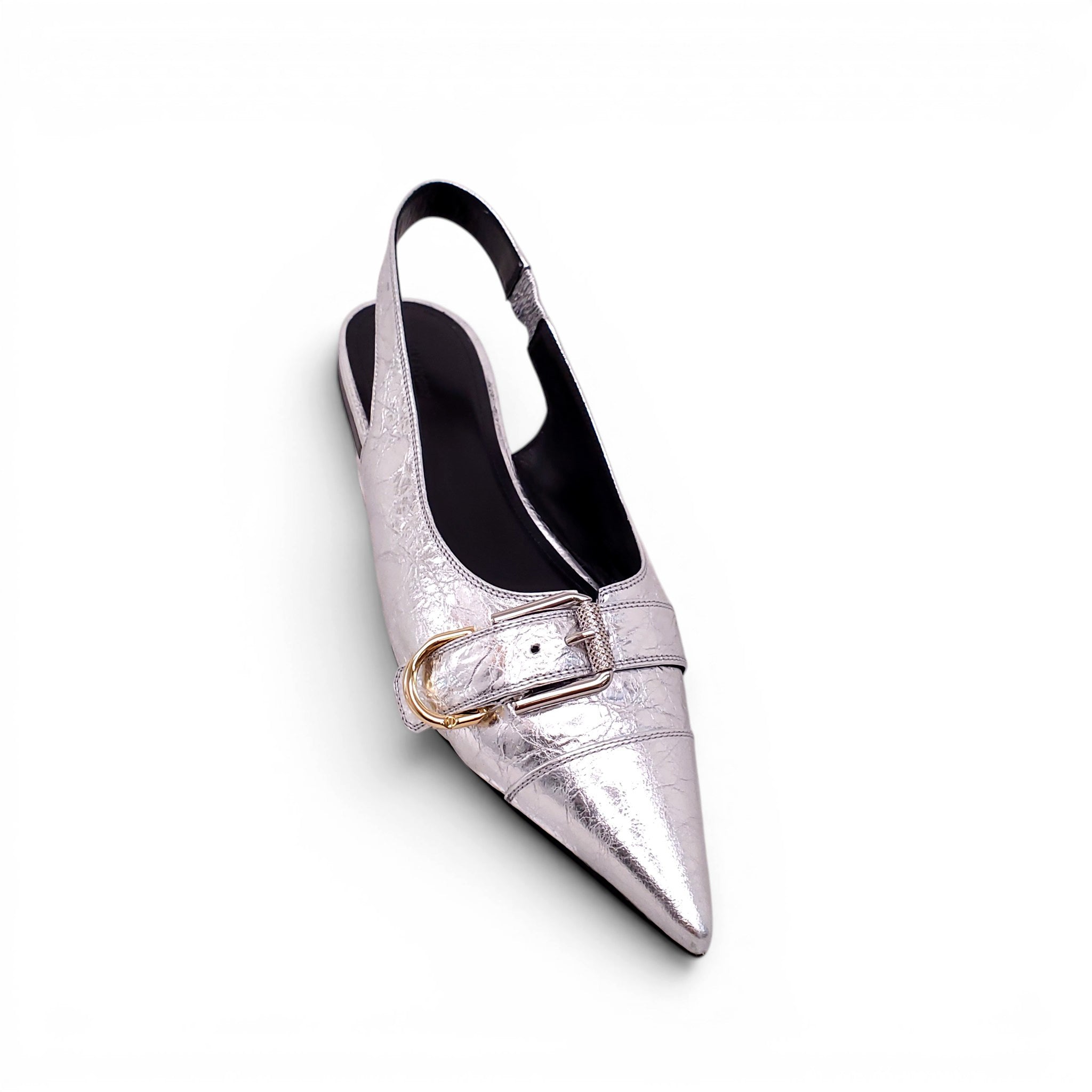 GIVENCHY SILVER METALLIC BUCKLE SLINGBACK FLATS - SIZE 38