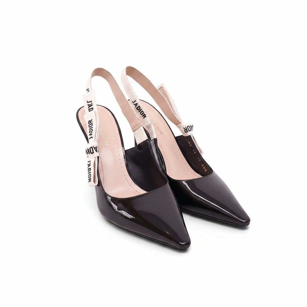 CHRISTIAN DIOR BLACK PATENT LOGO SLINGBACK HEELS - SIZE 38.5