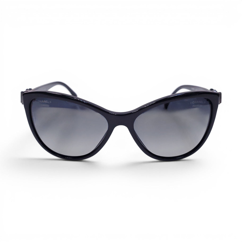CHANEL BLACK SUNGLASSES WITH SILVER BOW LOGO DETAIL